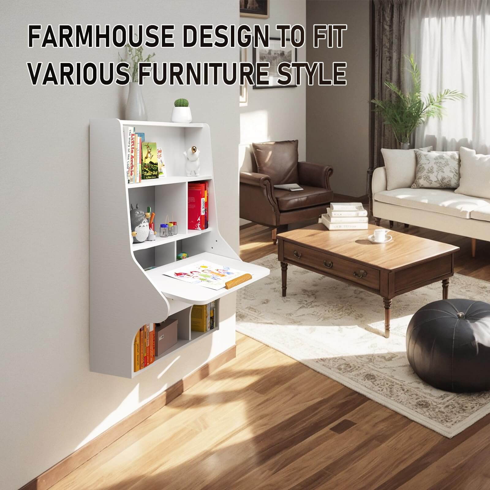 White Plywood Wall Mounted Adjustable Folding Desk with Bookshelf