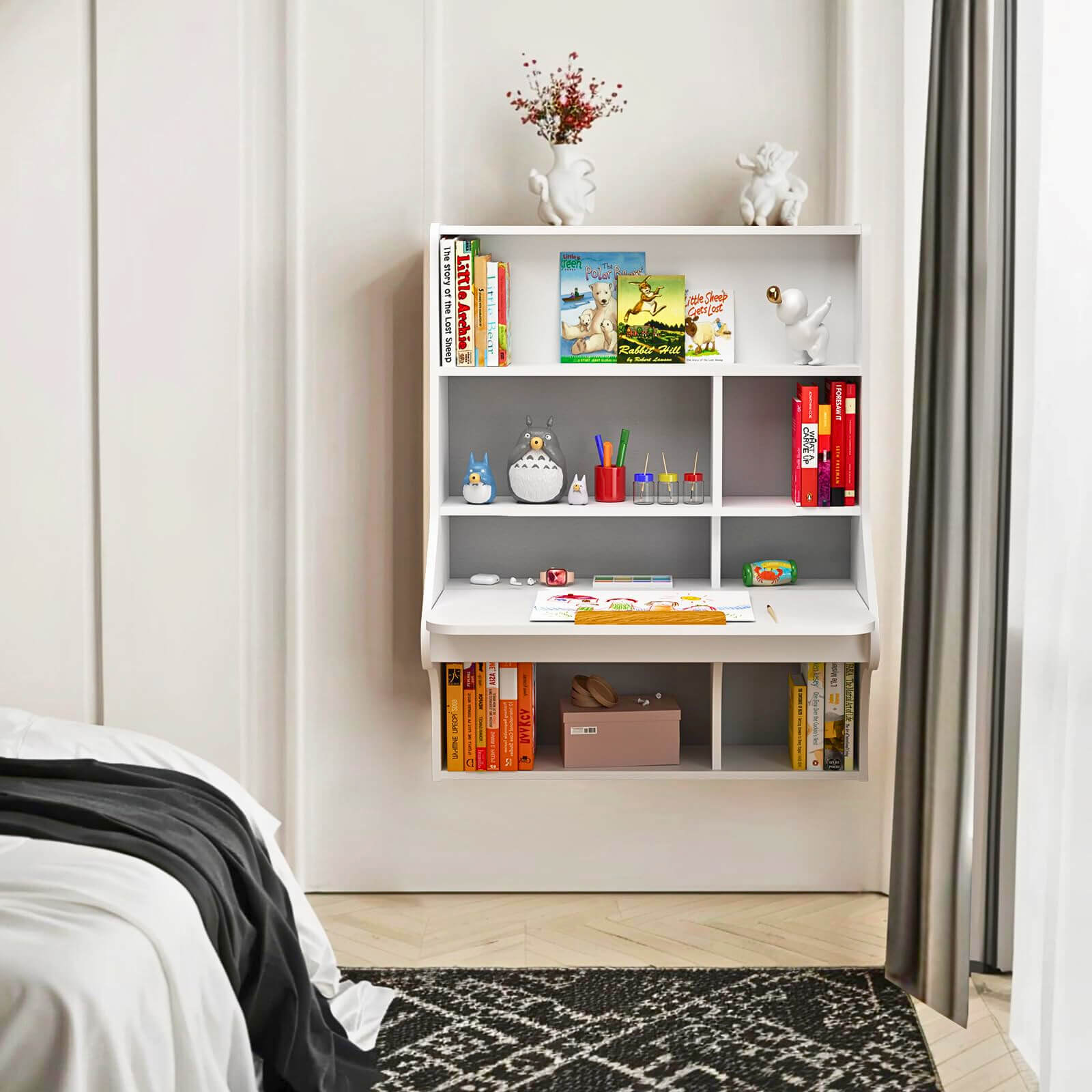 White Plywood Wall Mounted Adjustable Folding Desk with Bookshelf