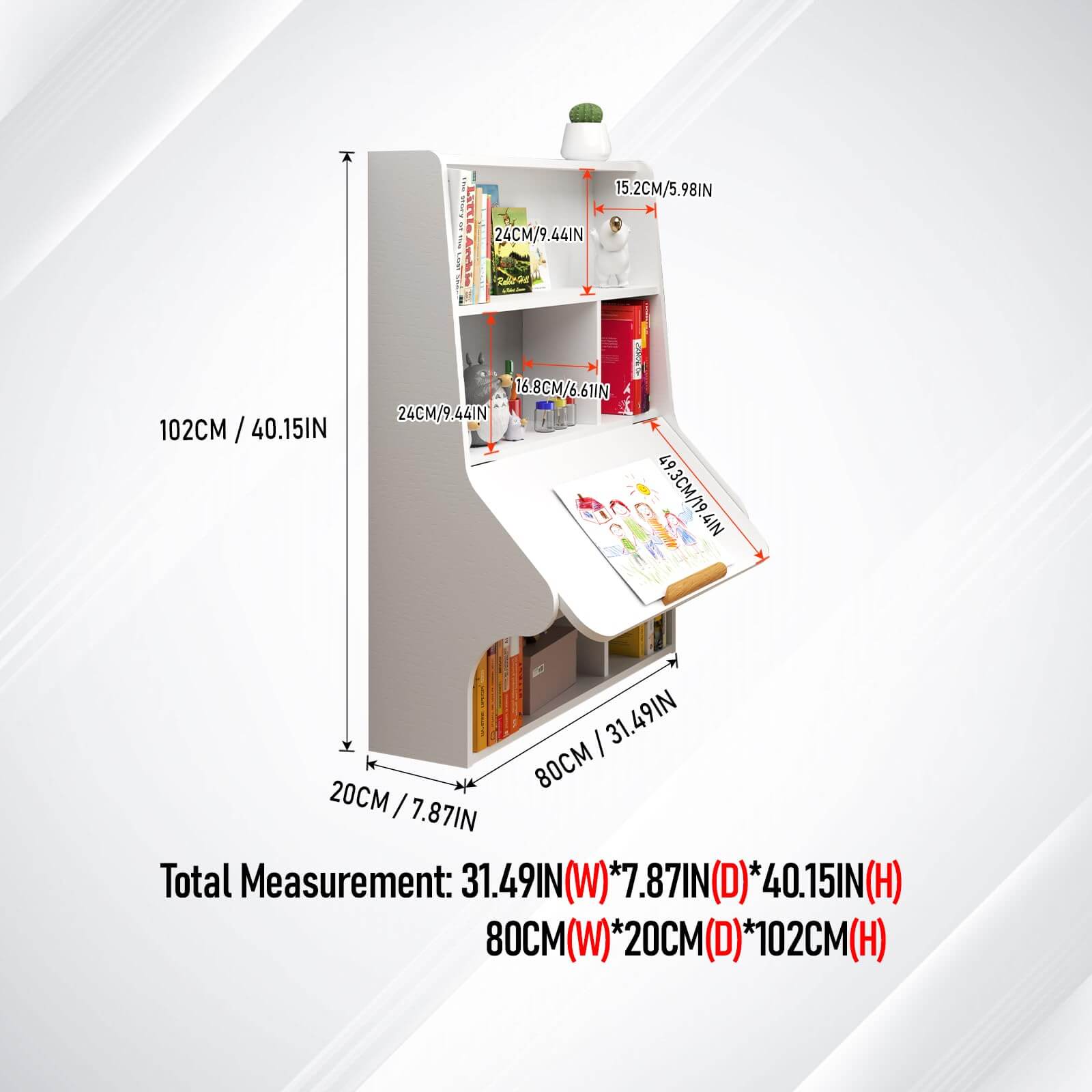 White Plywood Wall Mounted Adjustable Folding Desk with Bookshelf
