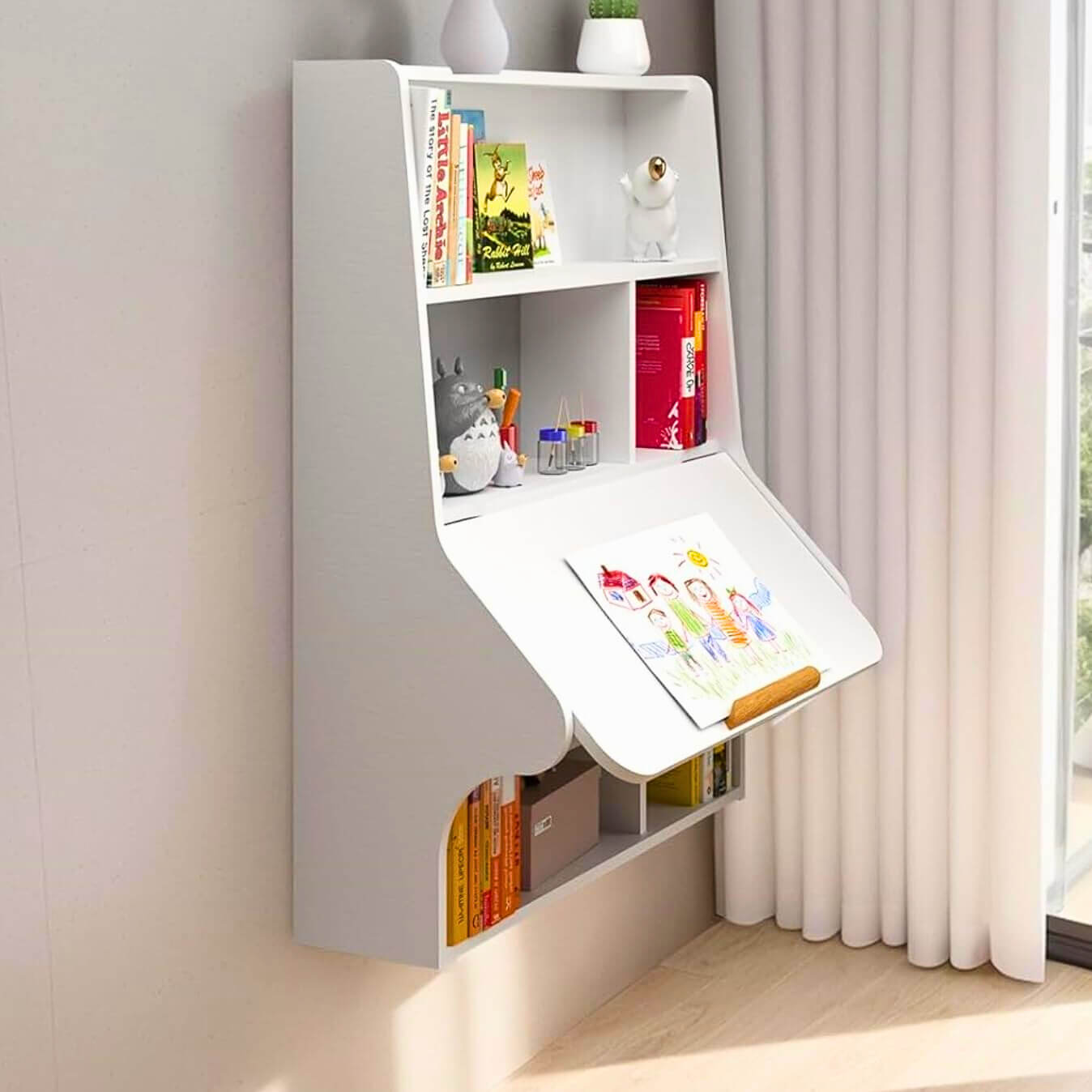 White Plywood Wall Mounted Adjustable Folding Desk with Bookshelf