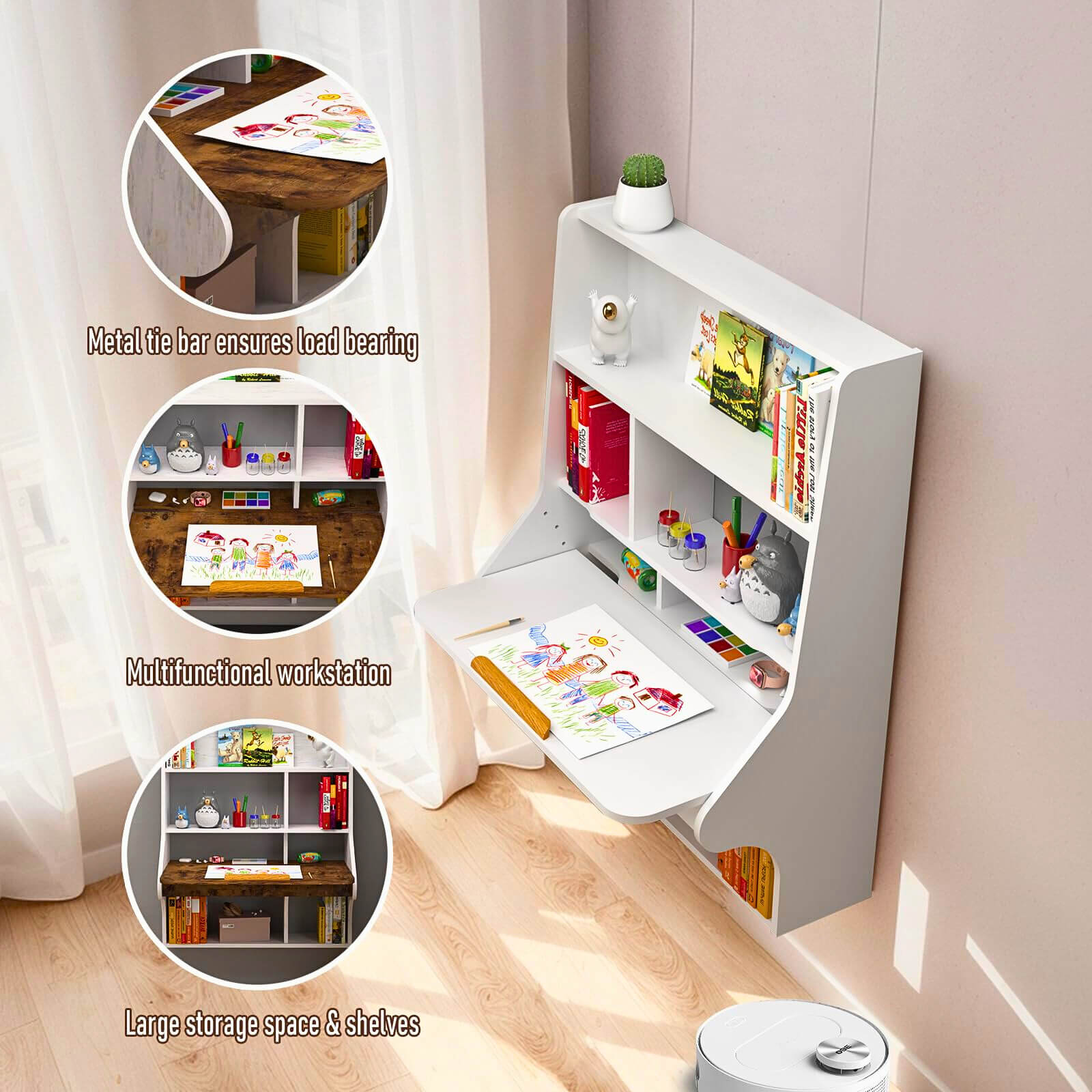 White Plywood Wall Mounted Adjustable Folding Desk with Bookshelf