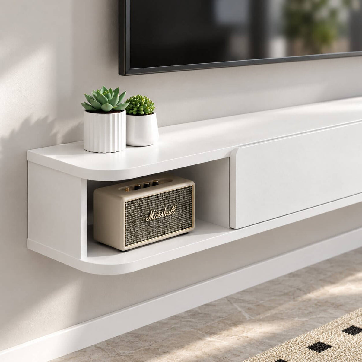 63" Solel Door Floating TV Stand, White