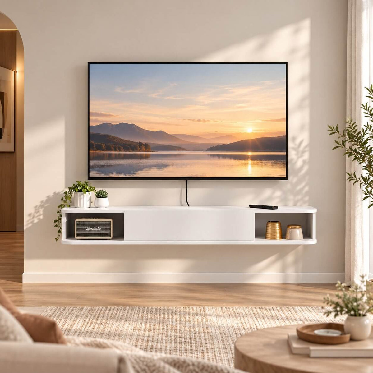 63" Solel Door Floating TV Stand, White