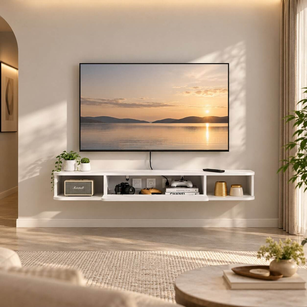 63" Solel Door Floating TV Stand, White