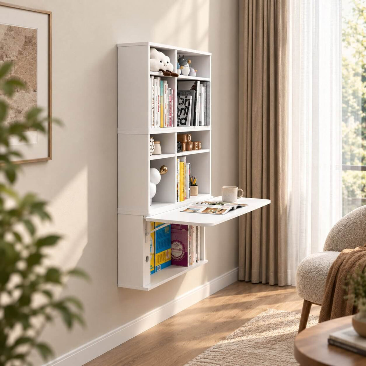 White Three-piece Modular Wall Fold Down Desk Storage Shelving