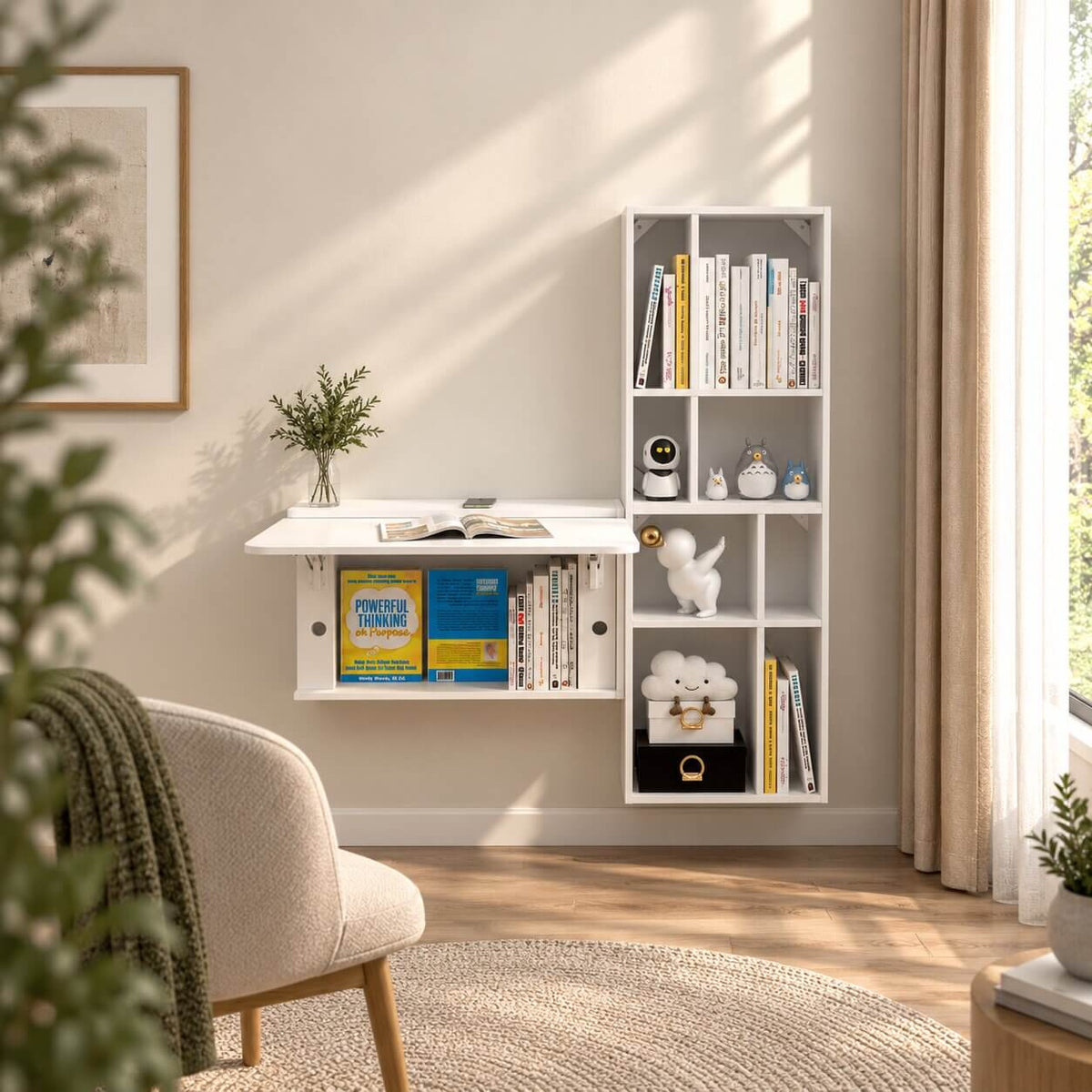 White Three-piece Modular Wall Fold Down Desk Storage Shelving