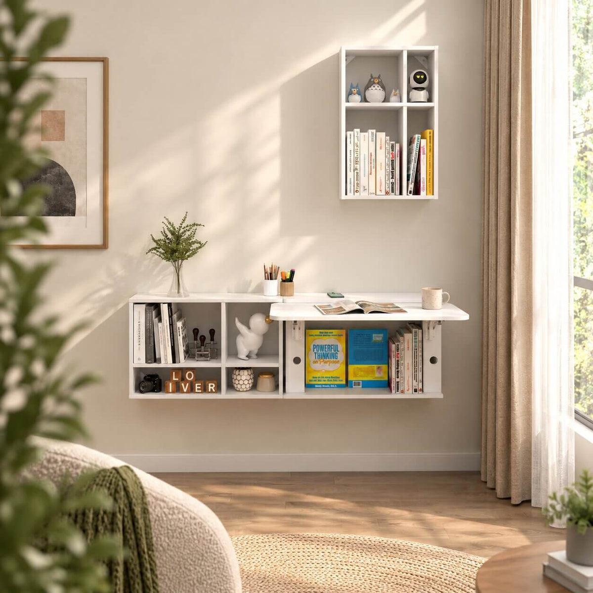 White Three-piece Modular Wall Fold Down Desk Storage Shelving