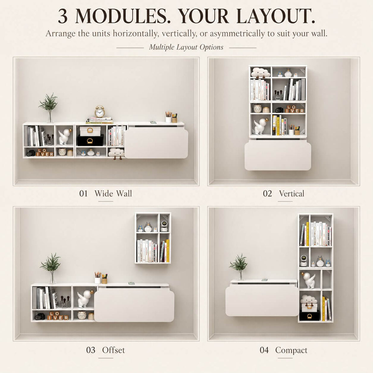 White Three-piece Modular Wall Fold Down Desk Storage Shelving