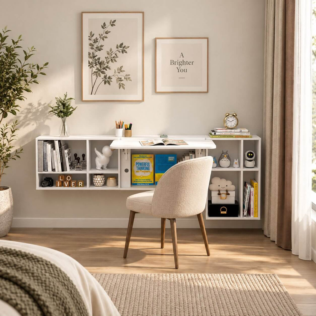 White Three-piece Modular Wall Fold Down Desk Storage Shelving