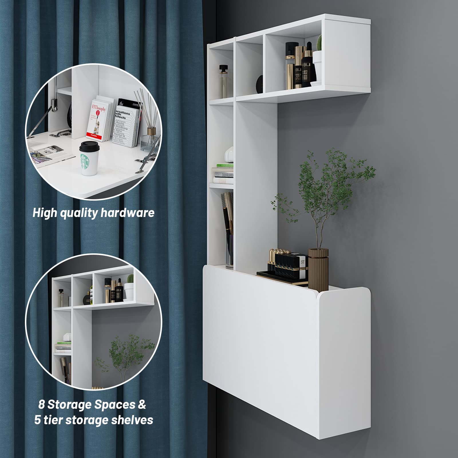 Wall Mounted Floating Storage Box Shelves with Folding Laptop Wall Desk #color_white