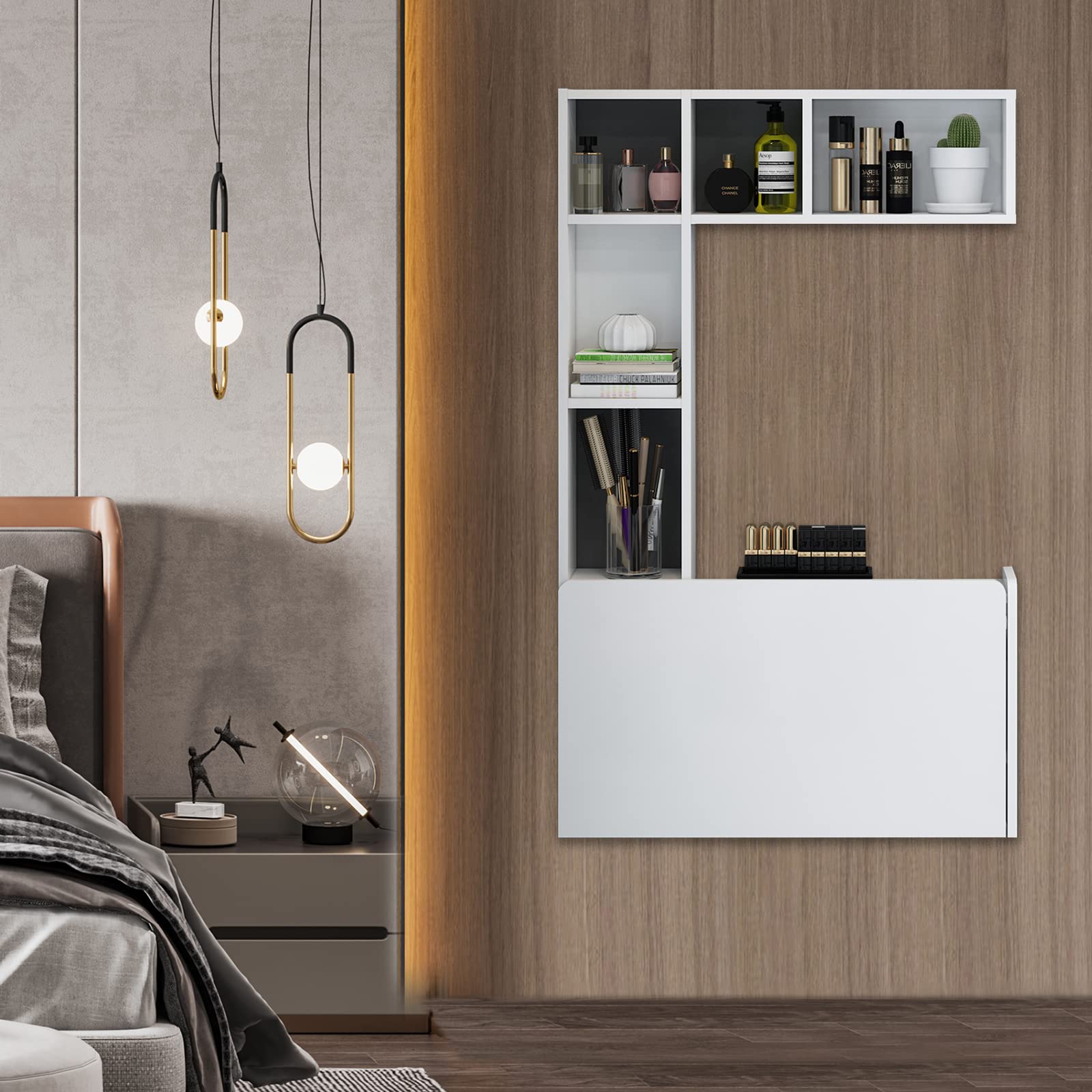 Wall Mounted Floating Storage Box Shelves with Folding Laptop Wall Desk #color_white