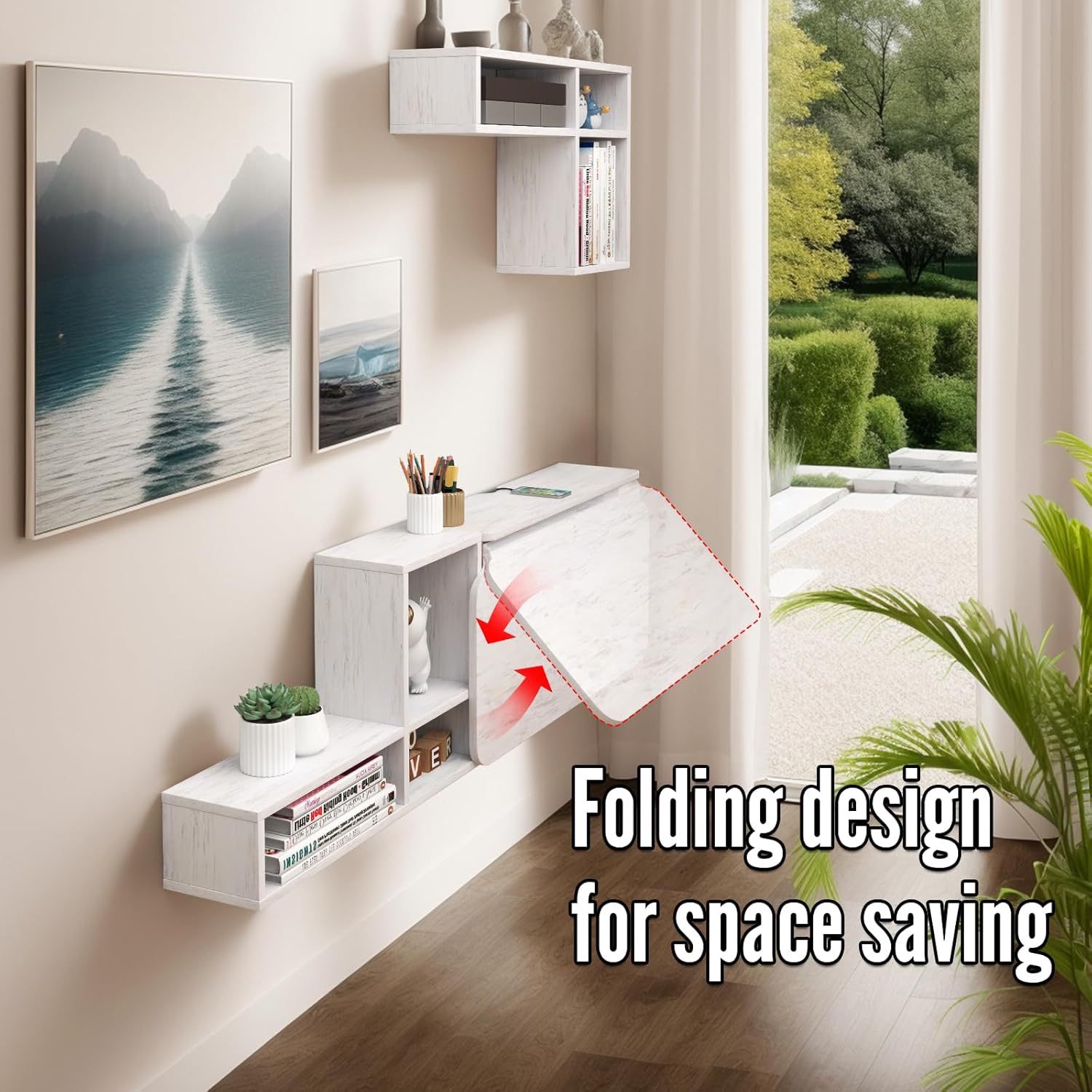 White Wall Mounted Wood Fold Down Desk Convertible Storage Shelf Cabinet for Laptop Workstation of Small Space