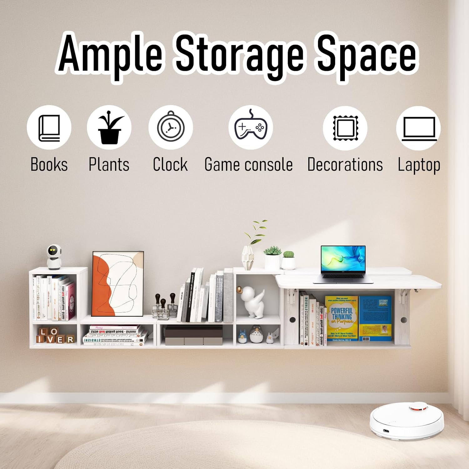 White Wall Mounted Wood Fold Down Desk Convertible Storage Shelf Cabinet for Laptop Workstation of Small Space