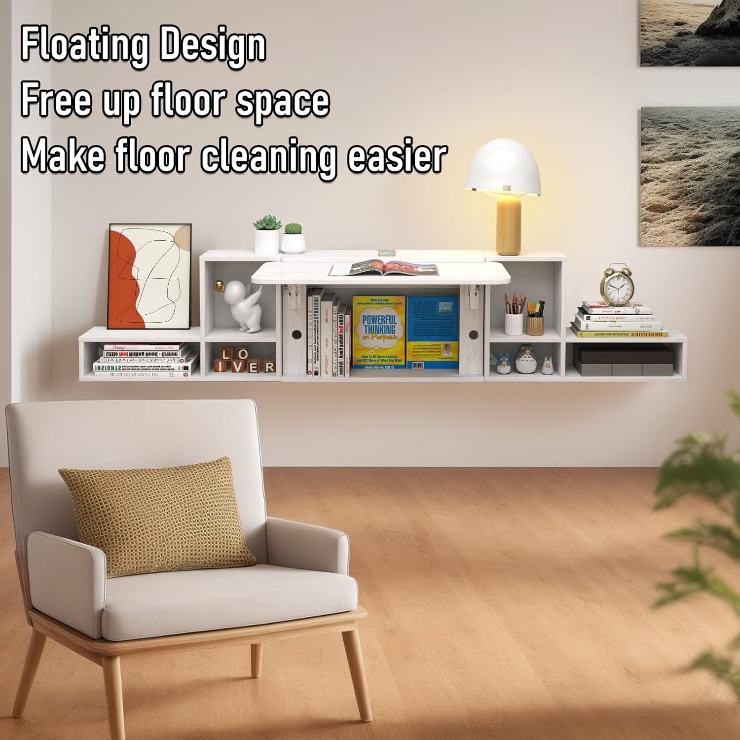White Wall Mounted Wood Fold Down Desk Convertible Storage Shelf Cabinet for Laptop Workstation of Small Space