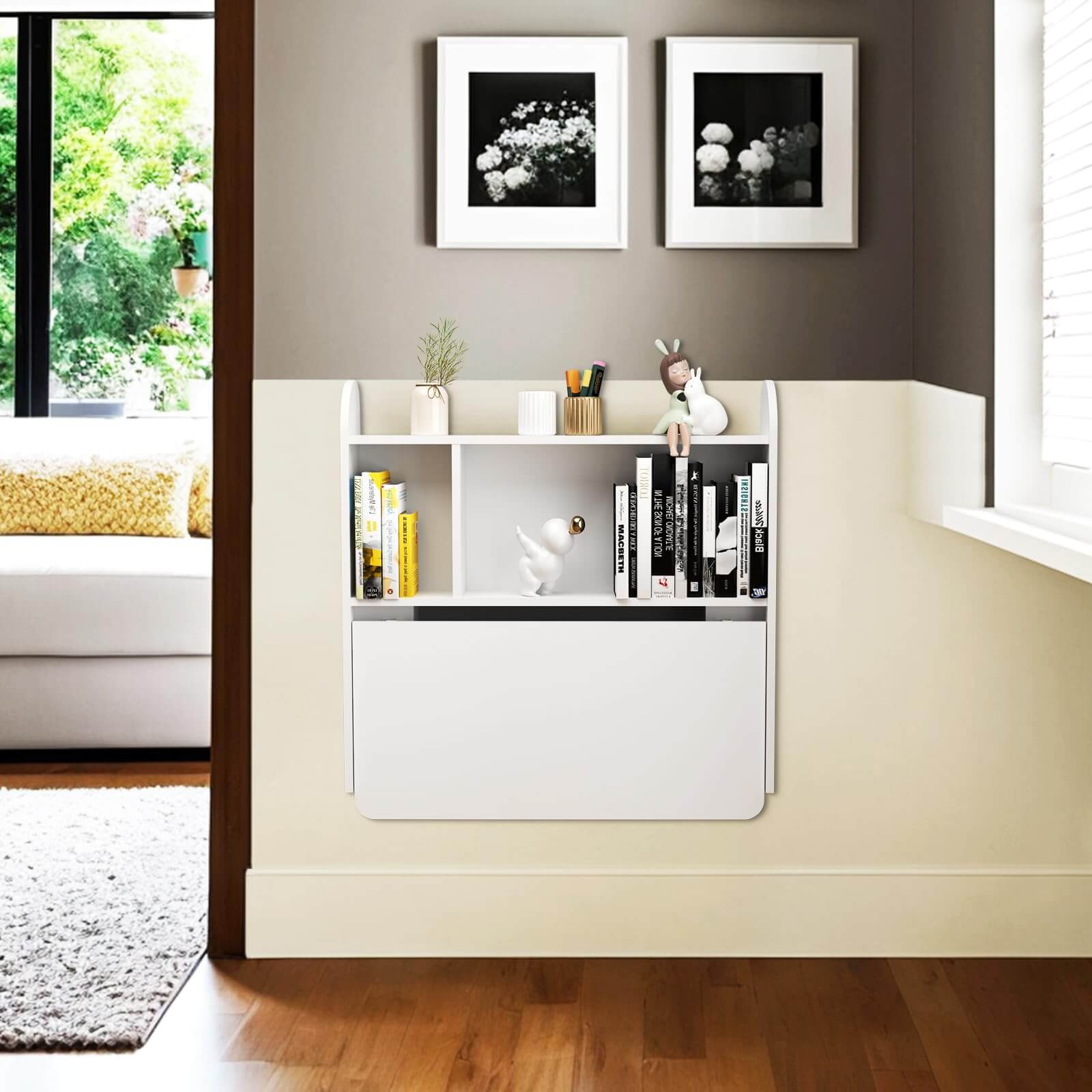 White Wall Mounted Fold Down Desk for Small Space with Storage Shelf