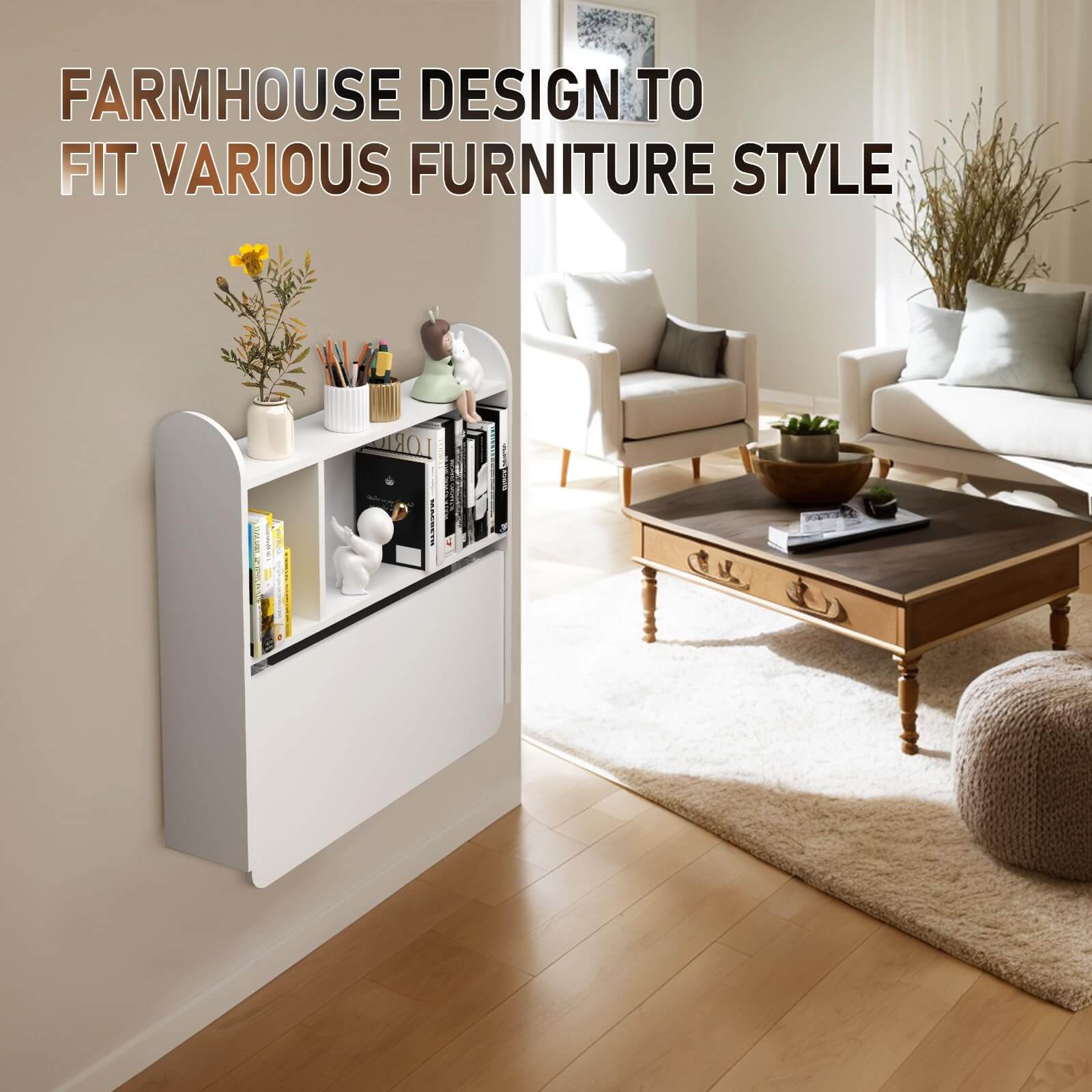 White Wall Mounted Fold Down Desk for Small Space with Storage Shelf