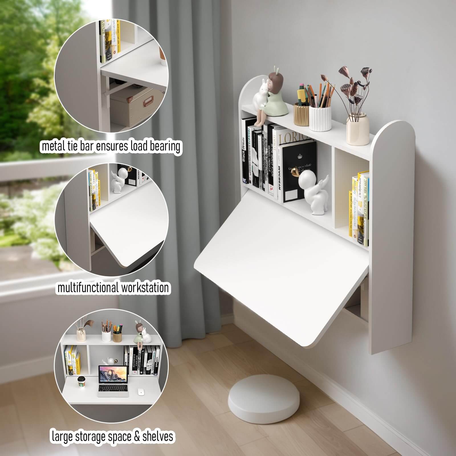 White Wall Mounted Fold Down Desk for Small Space with Storage Shelf