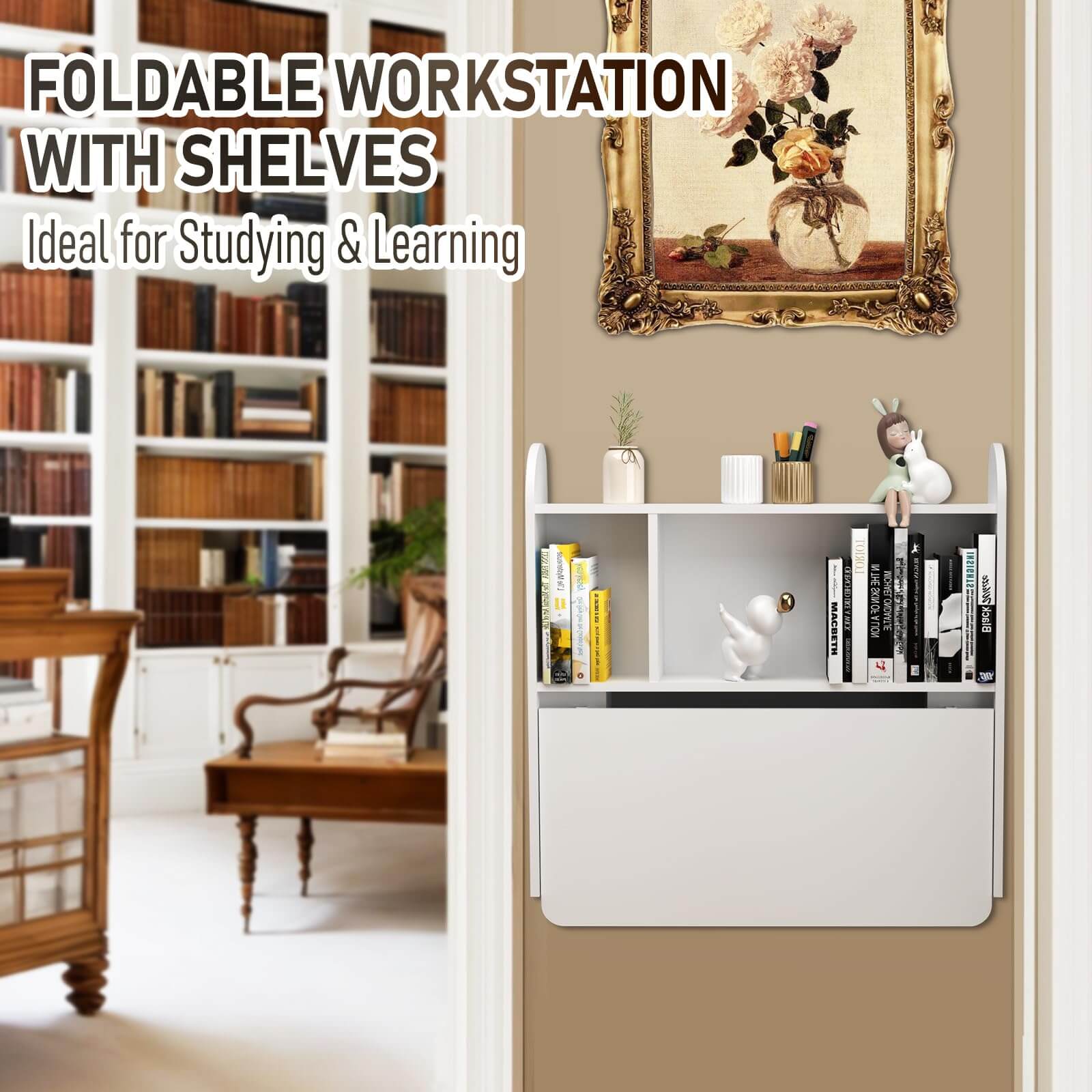 White Wall Mounted Fold Down Desk for Small Space with Storage Shelf
