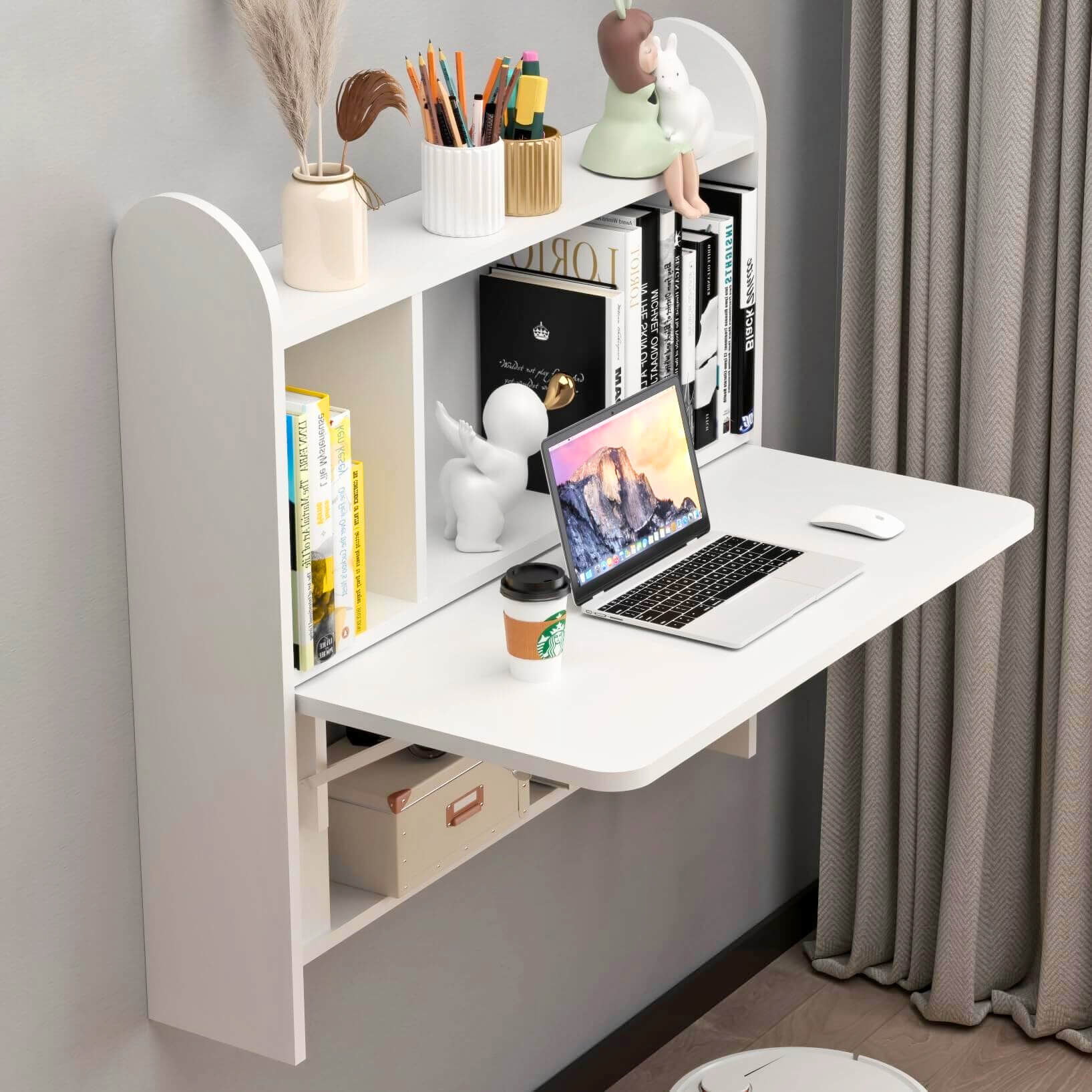 White Wall Mounted Fold Down Desk for Small Space with Storage Shelf