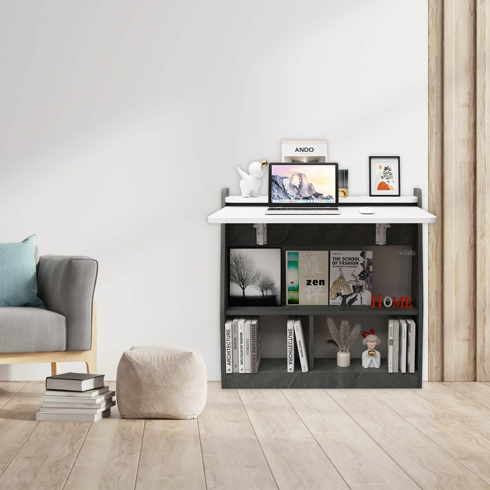 2-in-1 Wall Mounted Folding Desk and Book Shelves #color_pietra grey