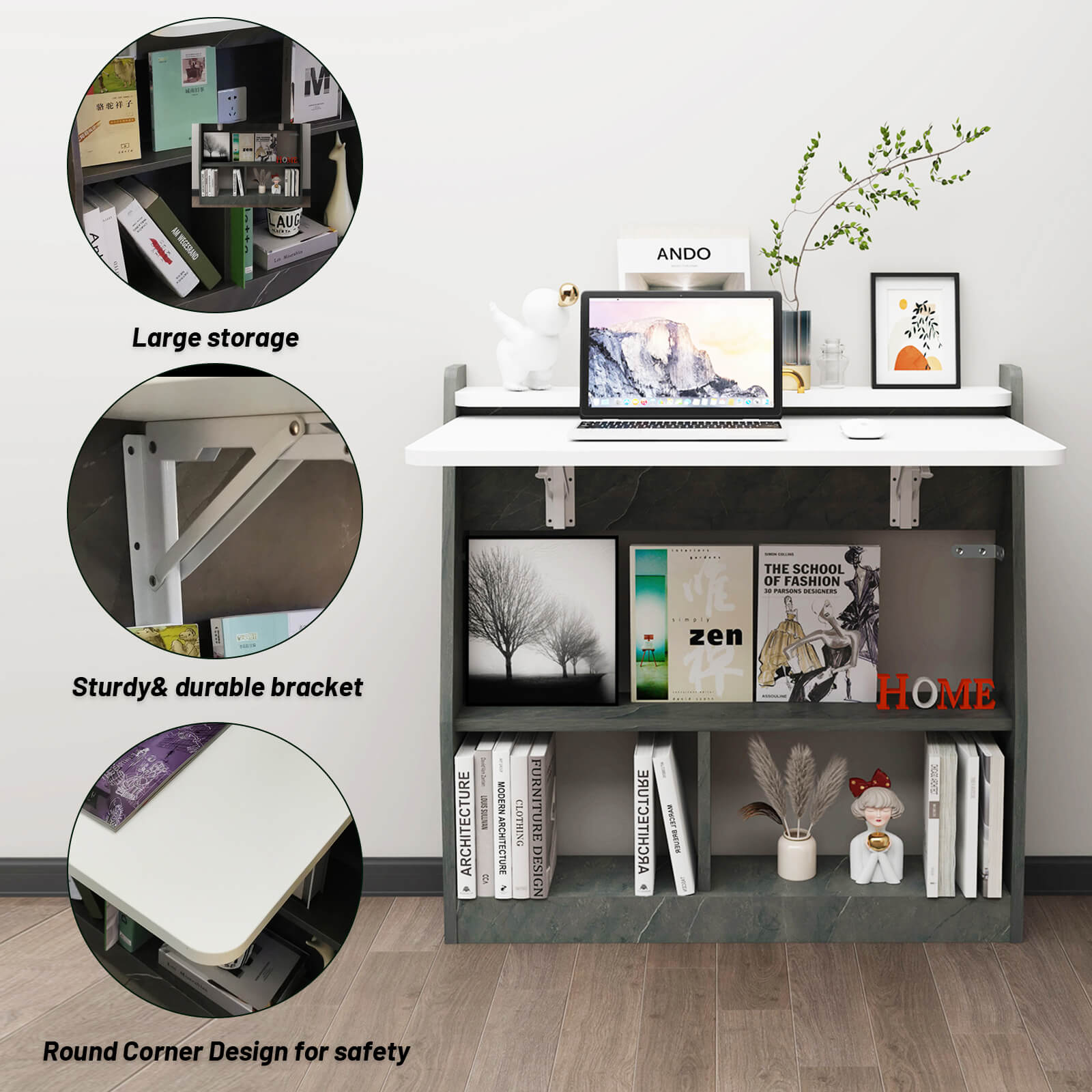 2-in-1 Wall Mounted Folding Desk and Book Shelves #color_pietra grey