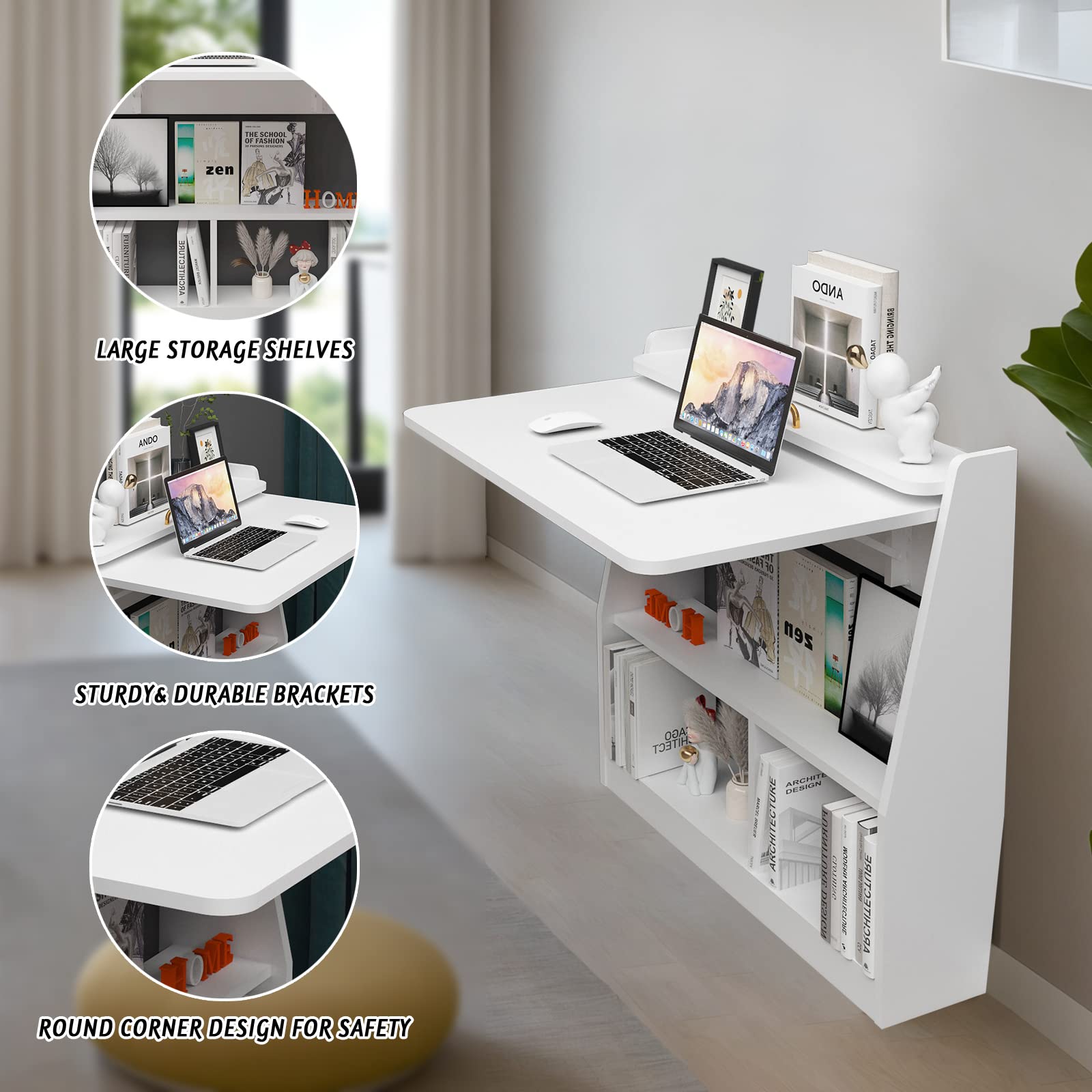 2-in-1 Wall Mounted Folding Desk and Book Shelves #color_white
