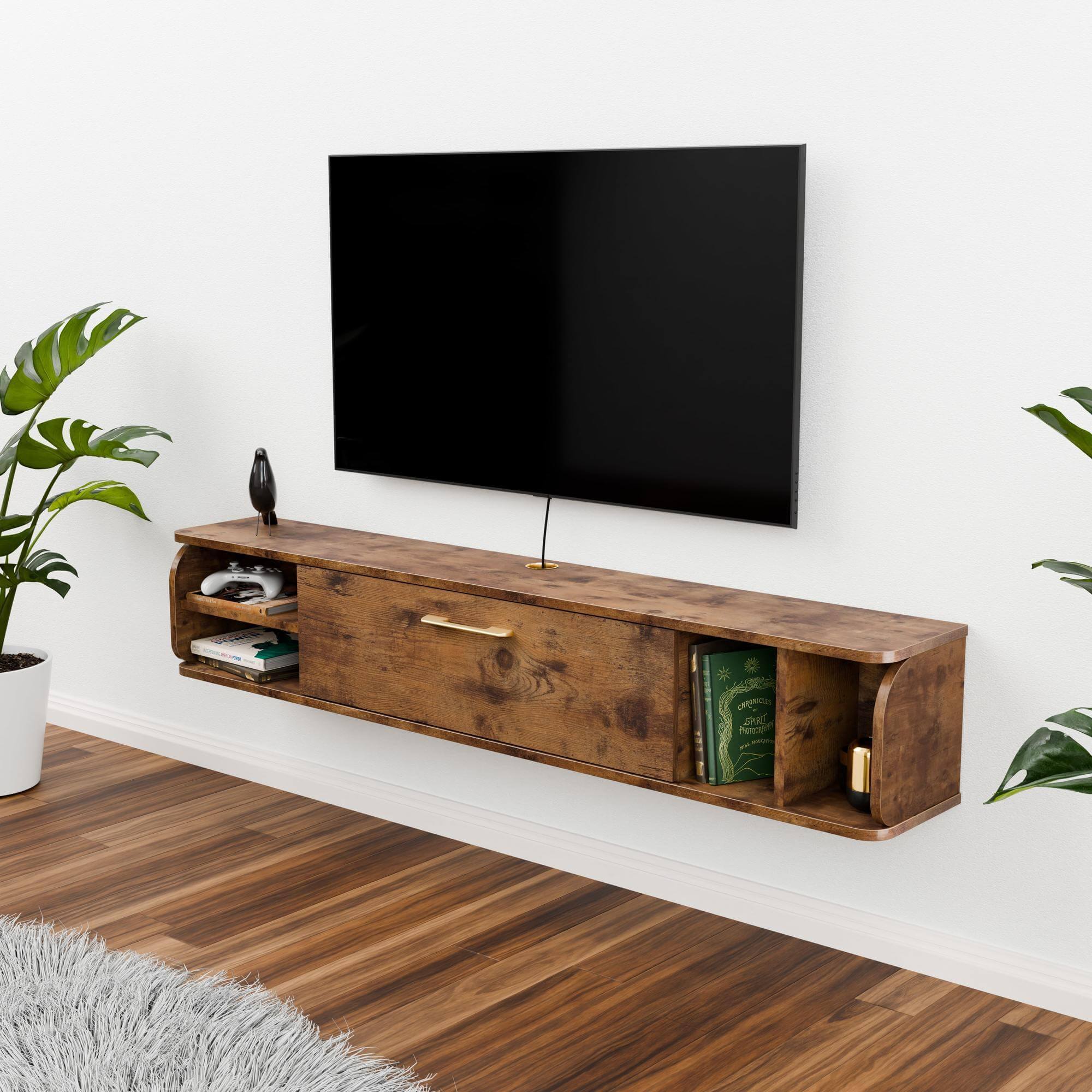 Rustic Brown Wood Floating TV Stand with Gold Accent for 55" 60" Televisions