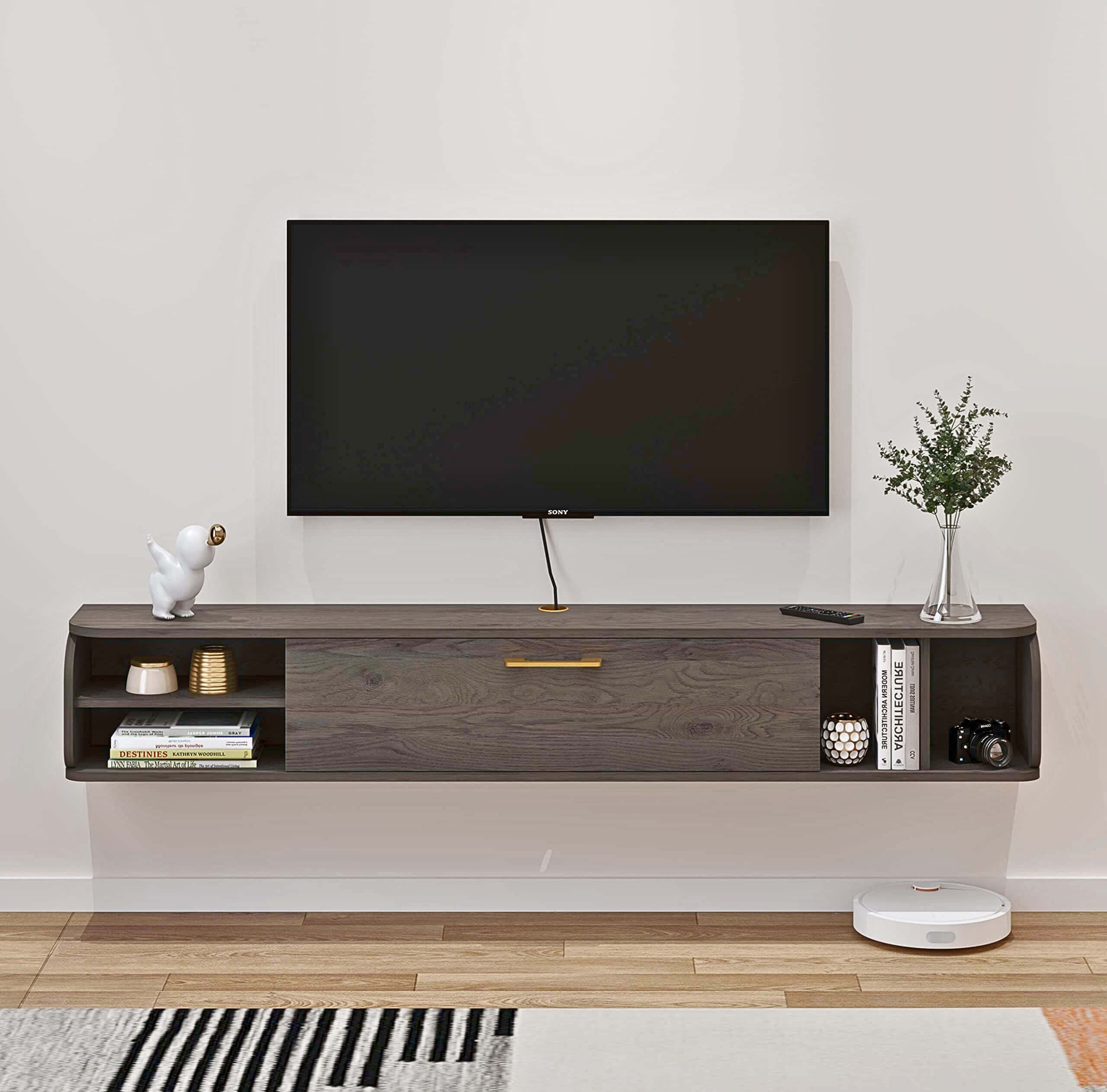 Rustic Grey Wood Floating TV Stand with Gold Accent for 55" 60" Televisions, Grey