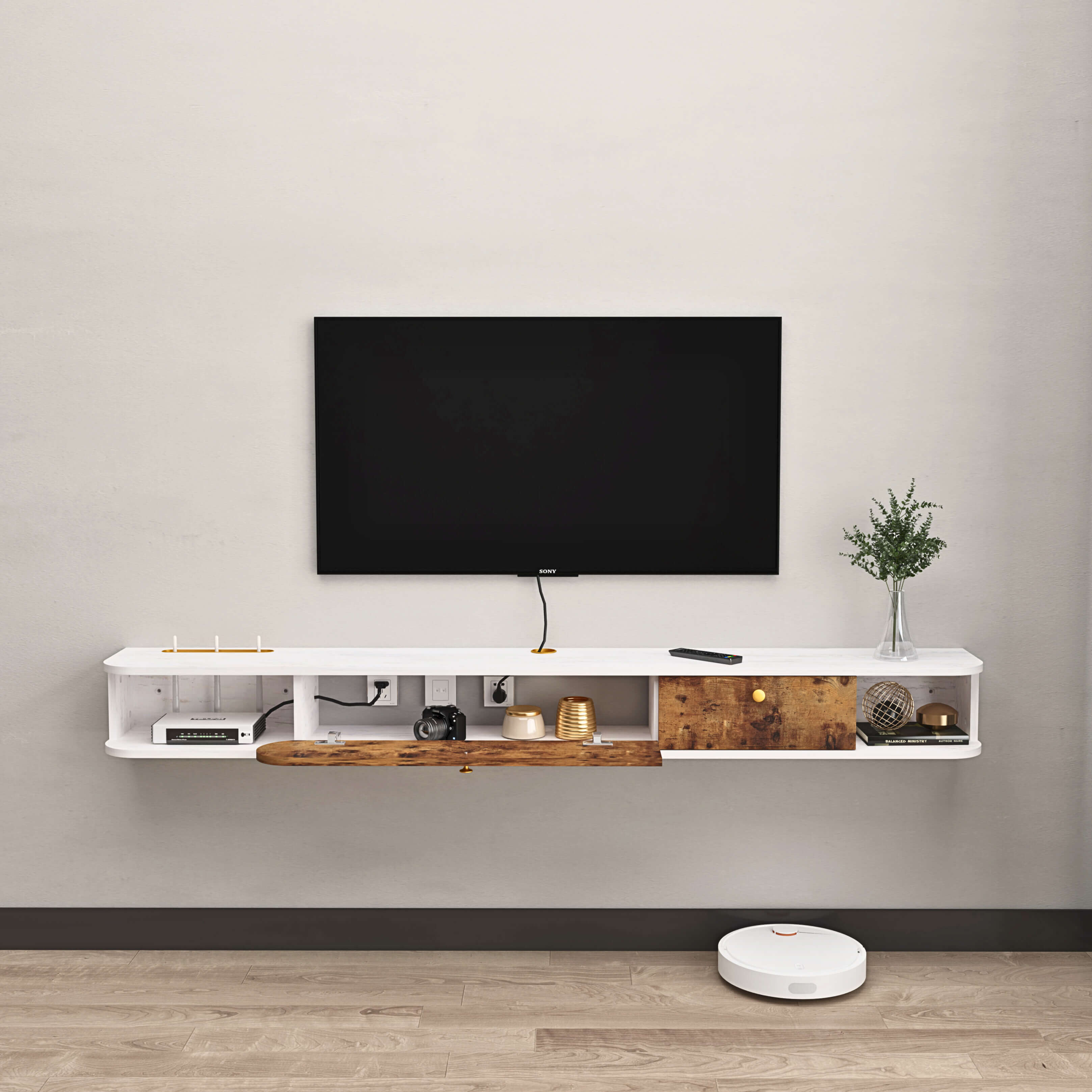 70.86" Dual Tone Rustic Brown White Modern Wood Floating TV Stand with Drawer
