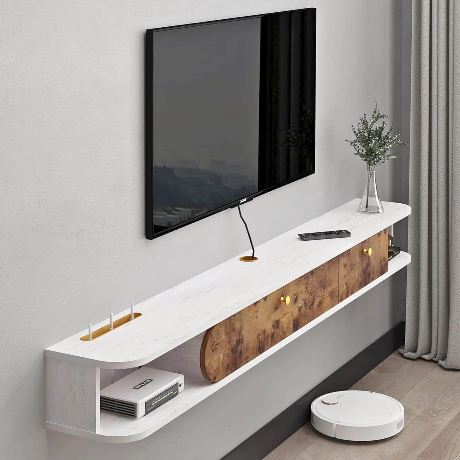 Custom Rustic Brown White Modern Floating TV Stand with Drawer and Golden Detail