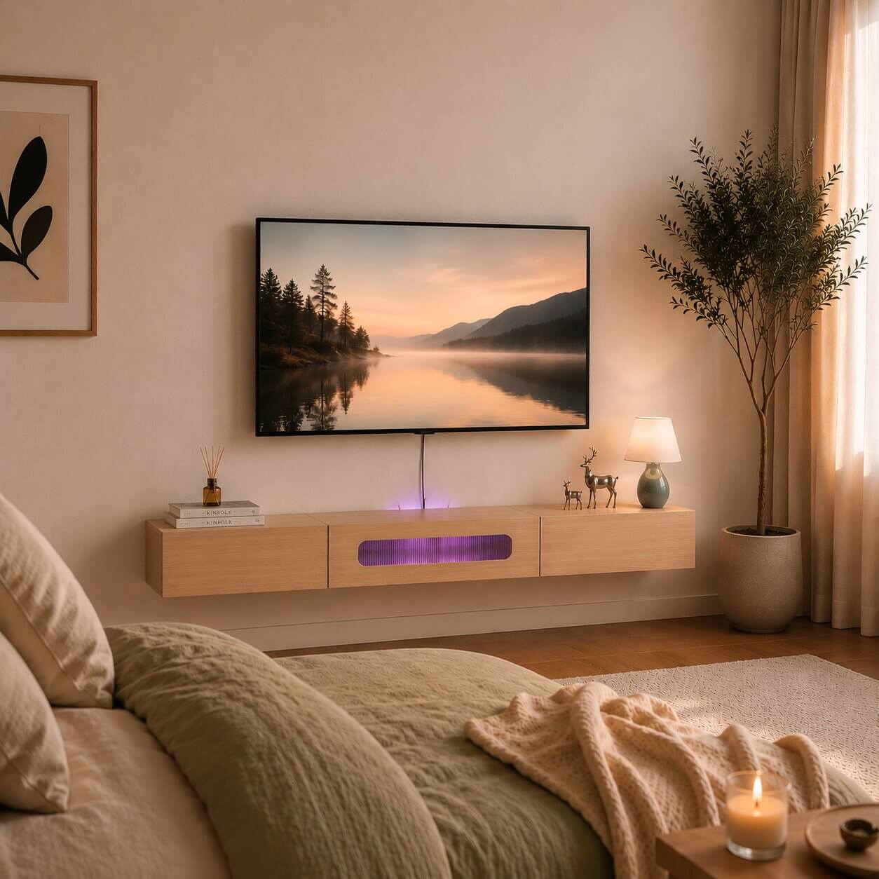 63" Purello Floating TV Stand, Light Oak