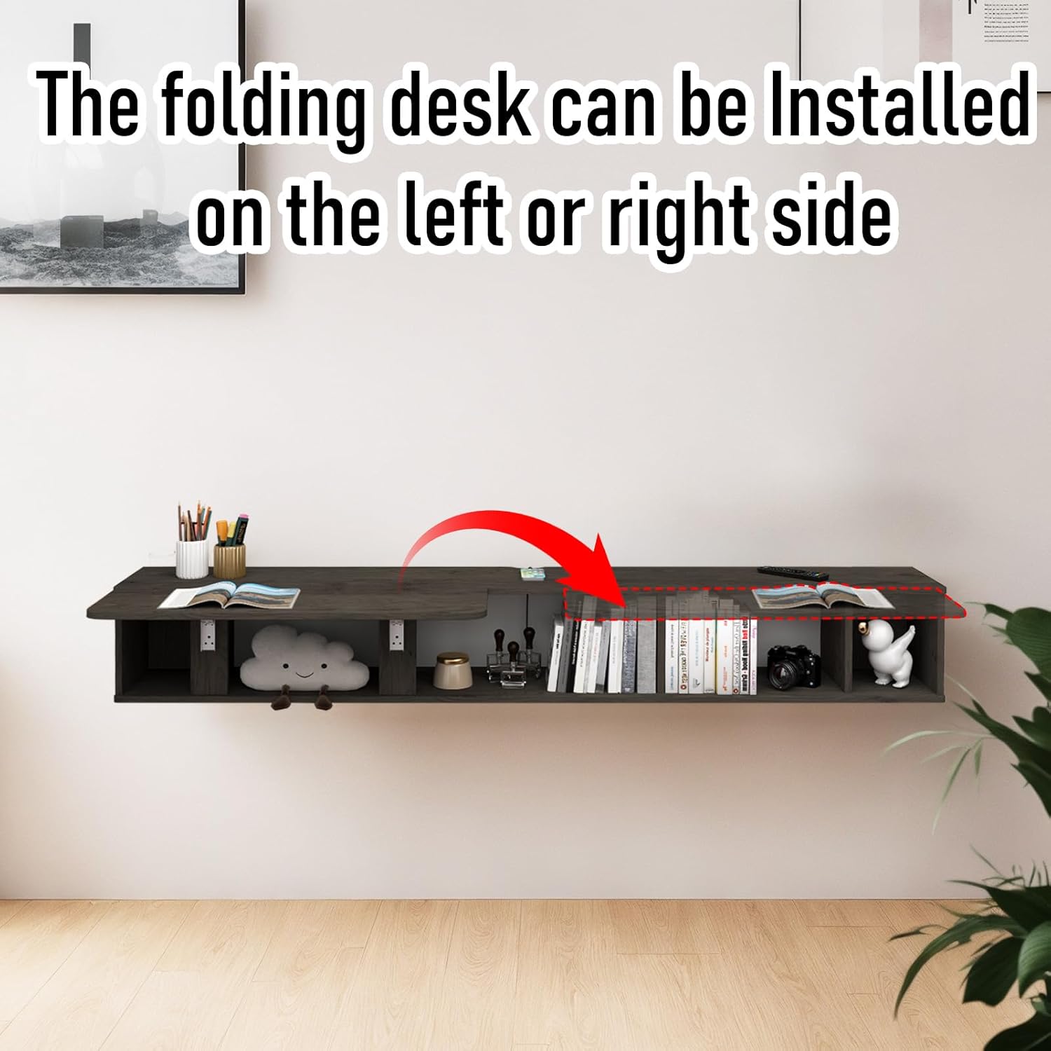 Grey Wall Mount Storage Shelf with Fold Down Desk, Laptop Workstation