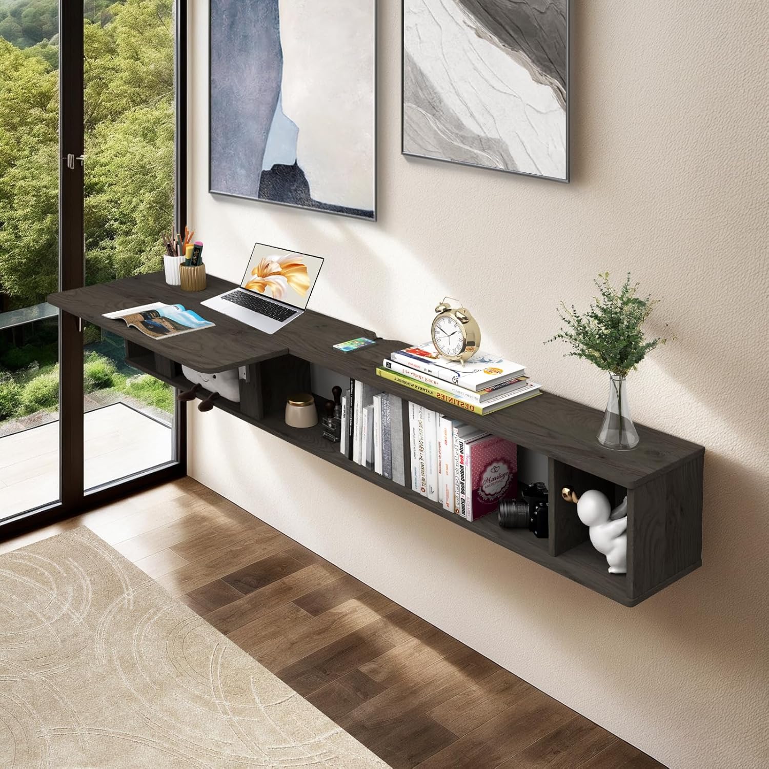 Grey Wall Mount Storage Shelf with Fold Down Desk, Laptop Workstation