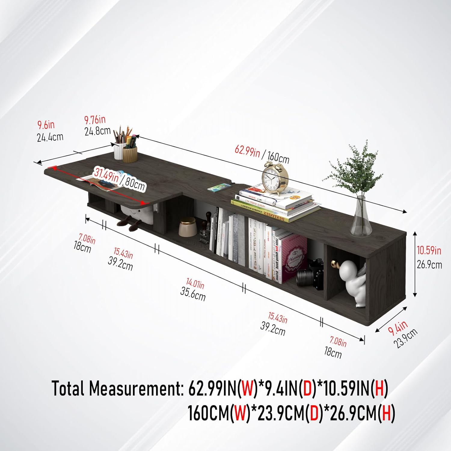 Grey Wall Mount Storage Shelf with Fold Down Desk, Laptop Workstation