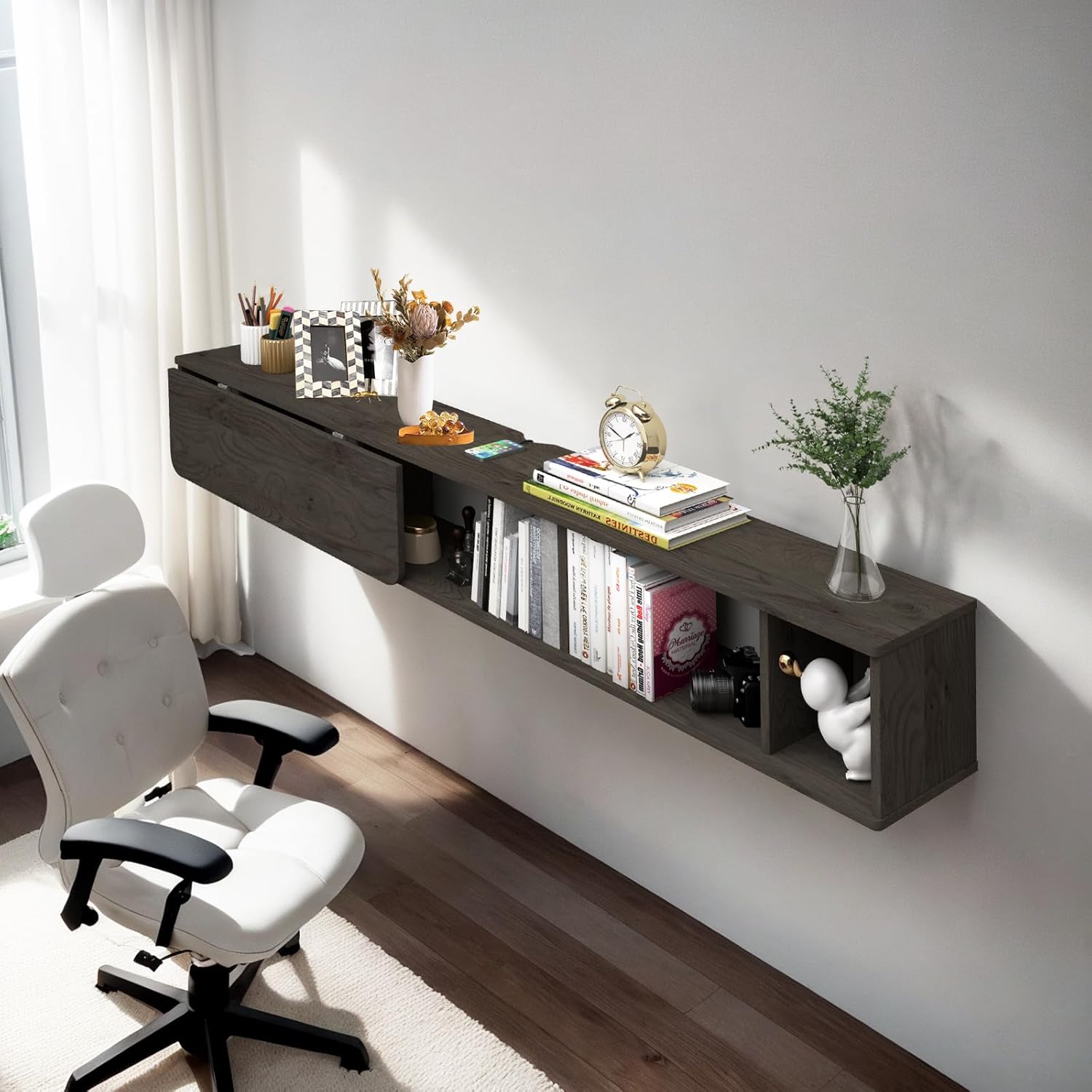 Grey Wall Mount Storage Shelf with Fold Down Desk, Laptop Workstation