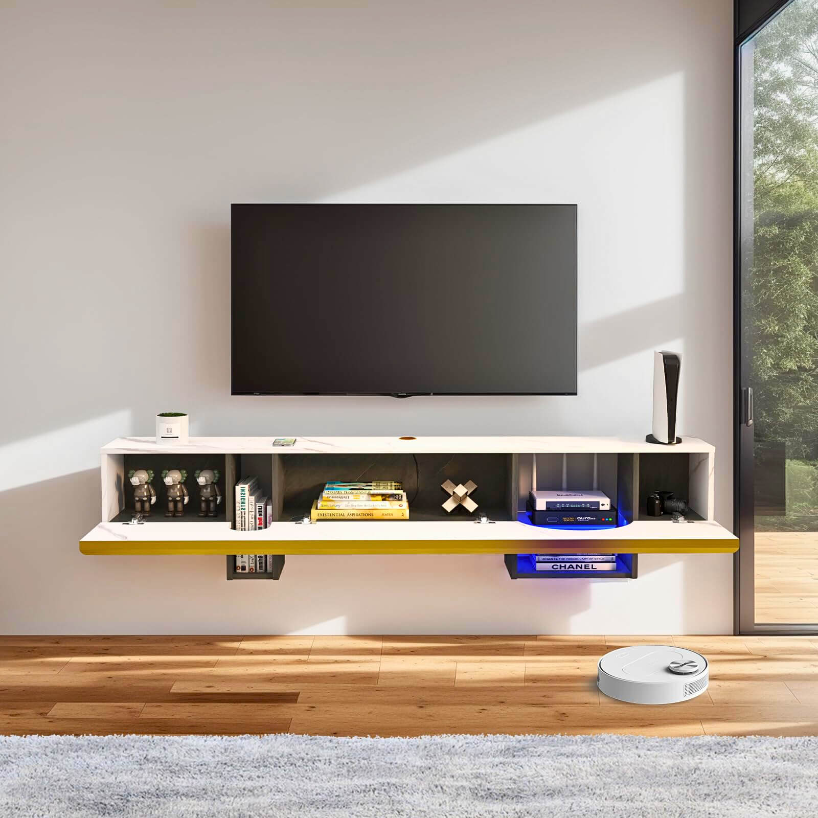70.86" Marble White Modern Wood Floating TV Cabinet with Open Shelves