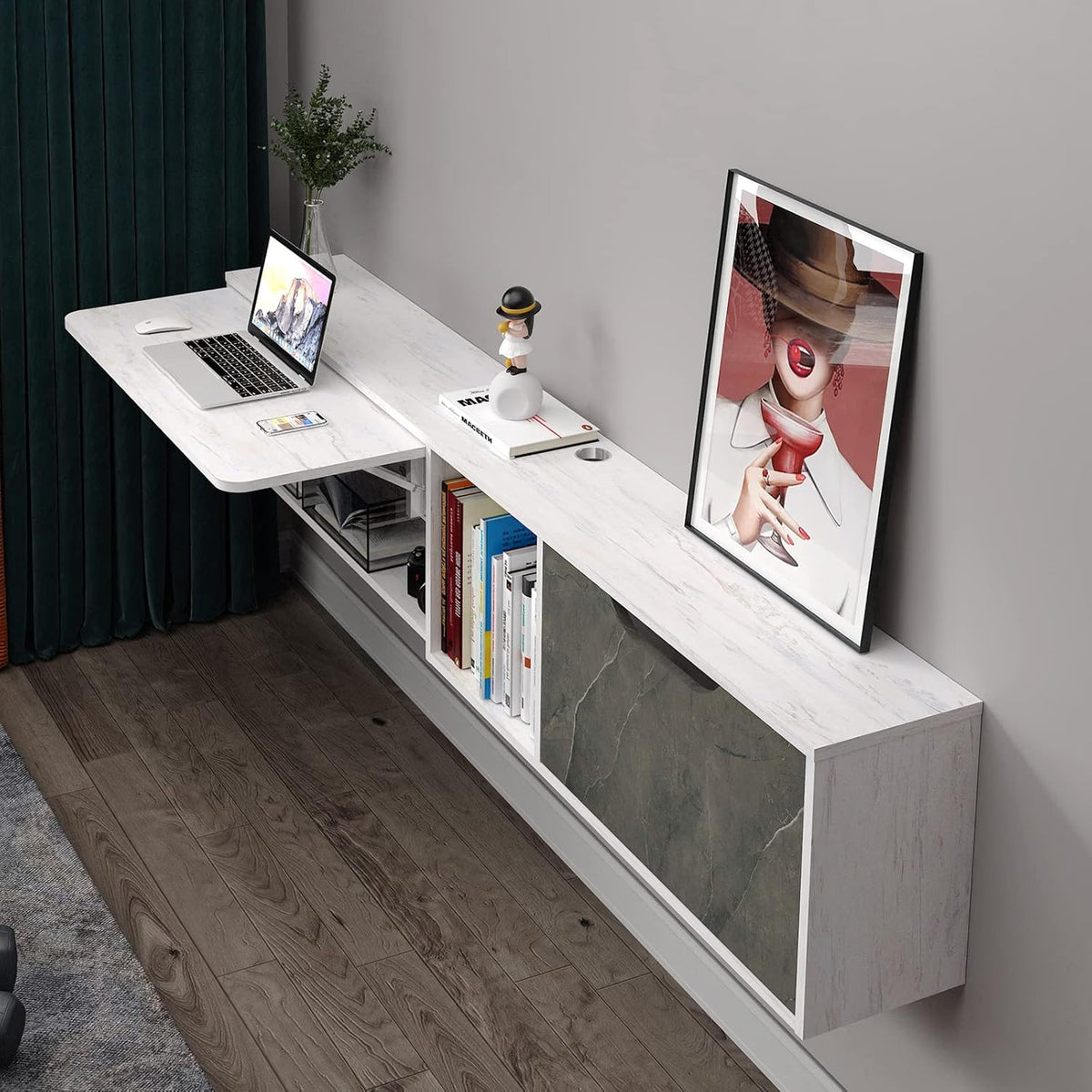 White Grey Mounted Fold Down Desk Storage Cabinet for 75 Inch TV Bedroom