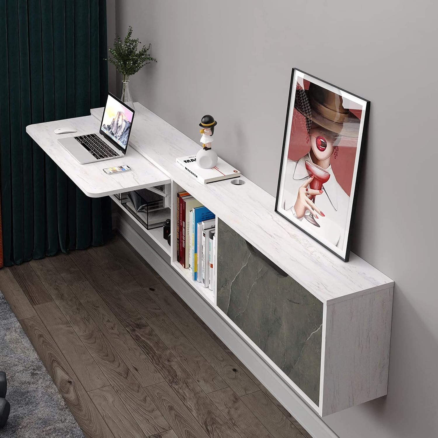 70" White Grey Floating Shelf with Fold Down Desk