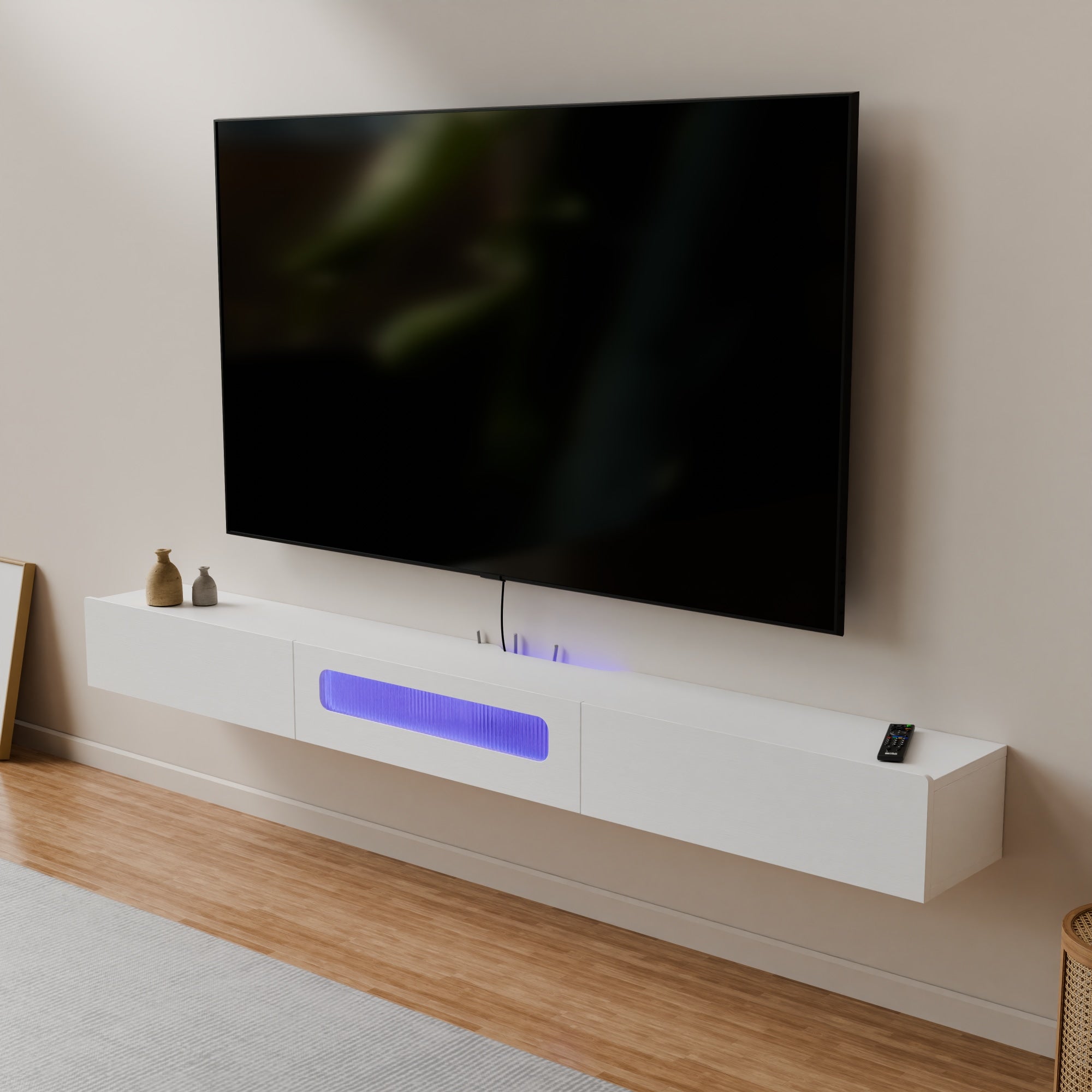 White Floating Entertainment Center With LED Lights and Drawers for  85” TV, Light up Contemporary TV Stand for Large TV