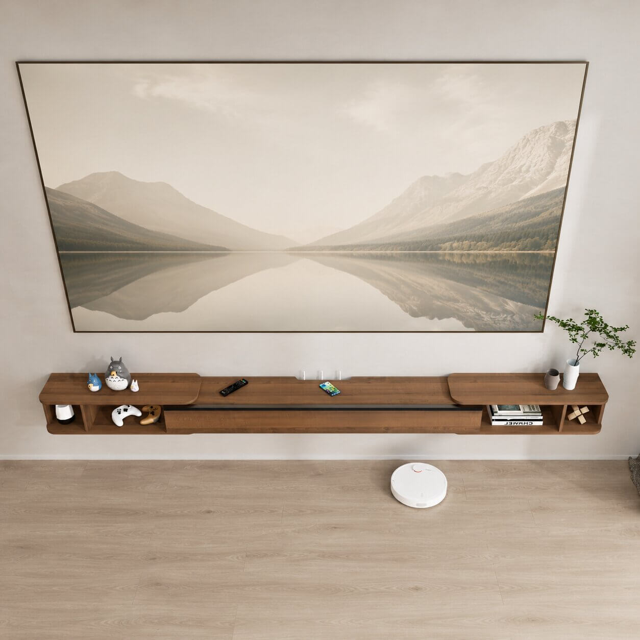 87"- 122" Retractable Floating TV Stand, Walnut (Backorder)