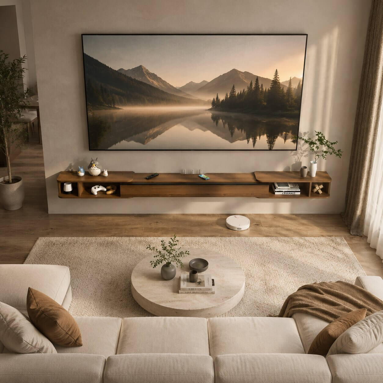87"- 122" Retractable Floating TV Stand, Walnut (Backorder)