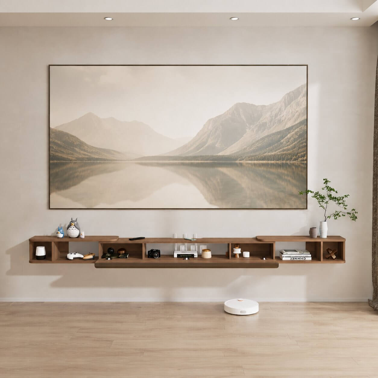 87"- 122" Retractable Floating TV Stand, Walnut (Backorder)