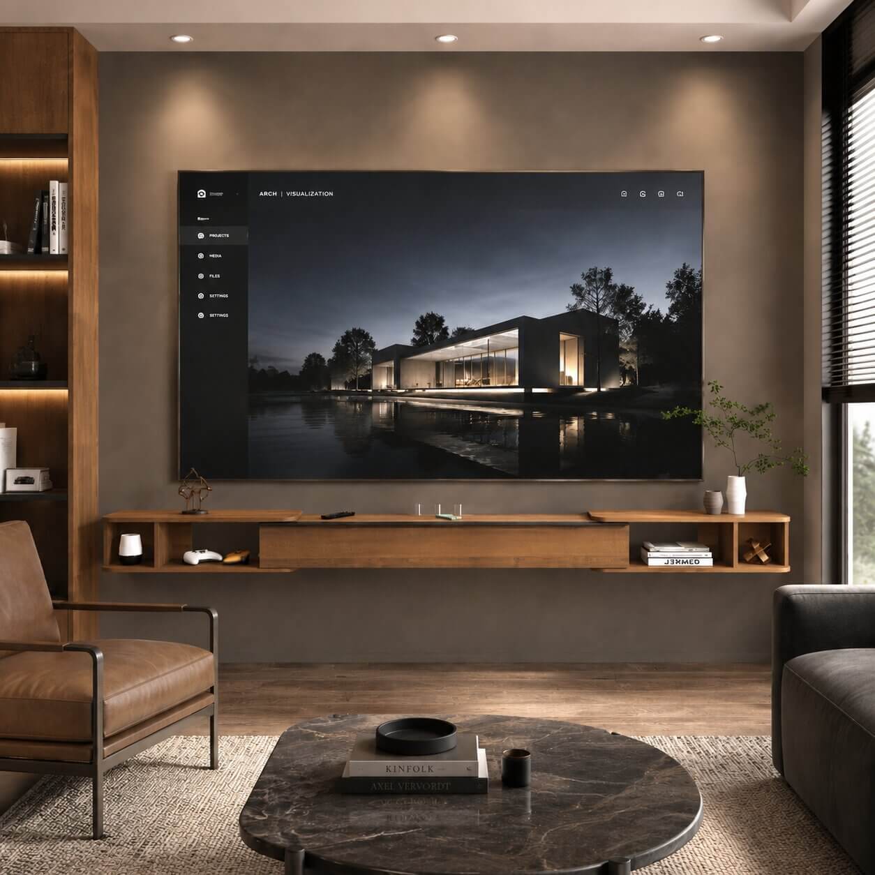 87"- 122" Retractable Floating TV Stand, Walnut (Backorder)