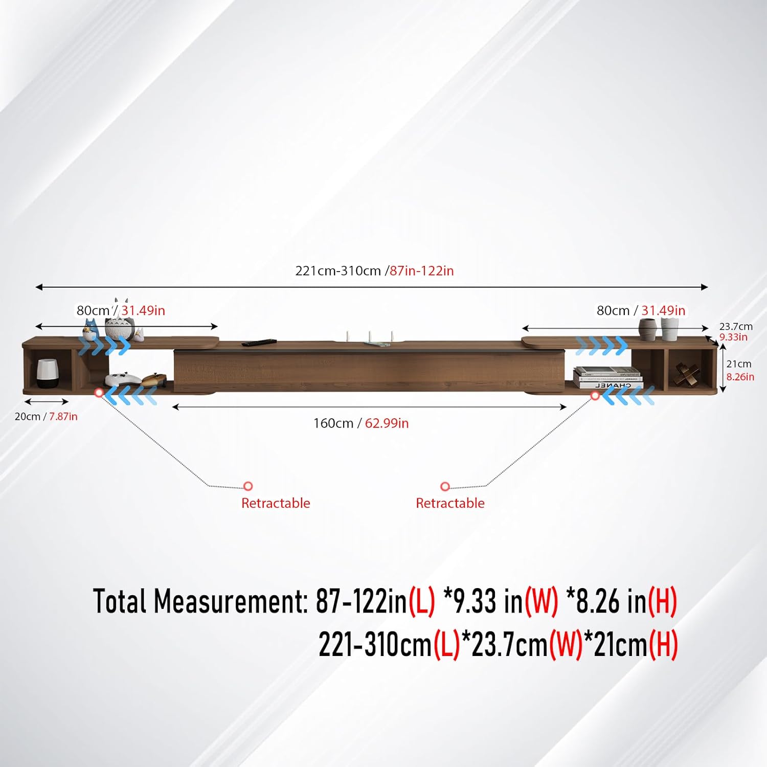 87"- 122" Retractable Floating TV Stand for 85-100 Inch TV , Walnut