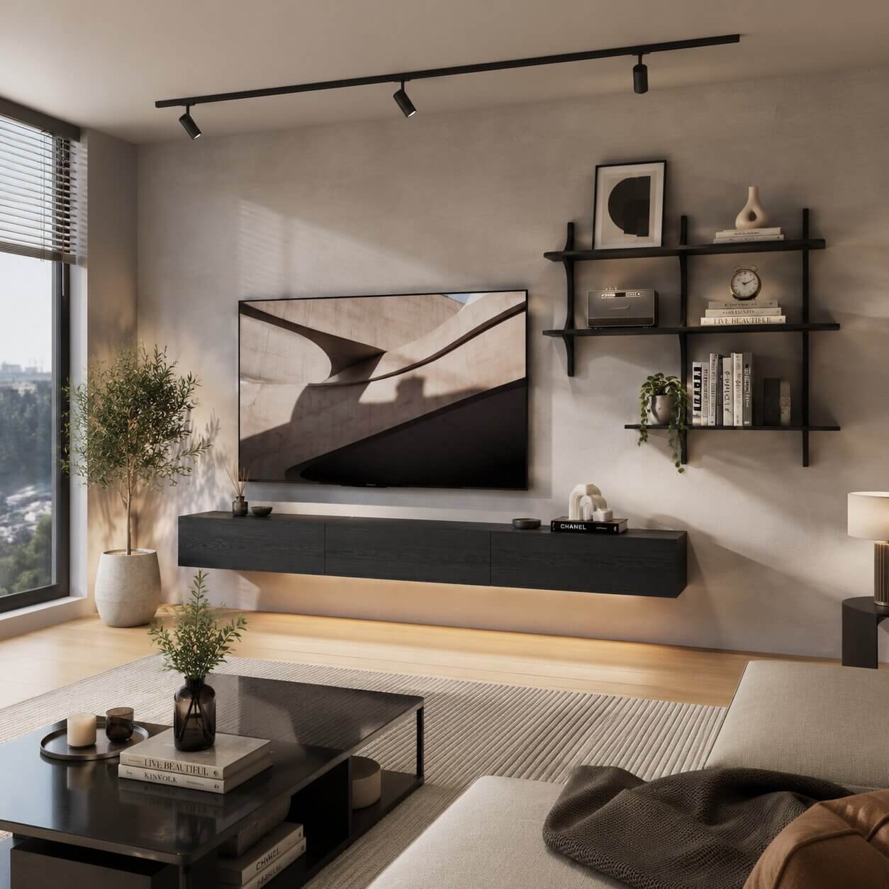 Linea 94.48" Floating TV Console & Shelf Set, Black