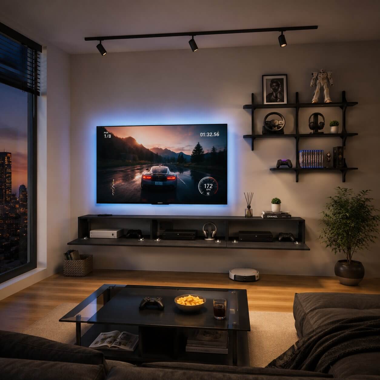 Linea 94.48" Floating TV Console & Shelf Set, Black
