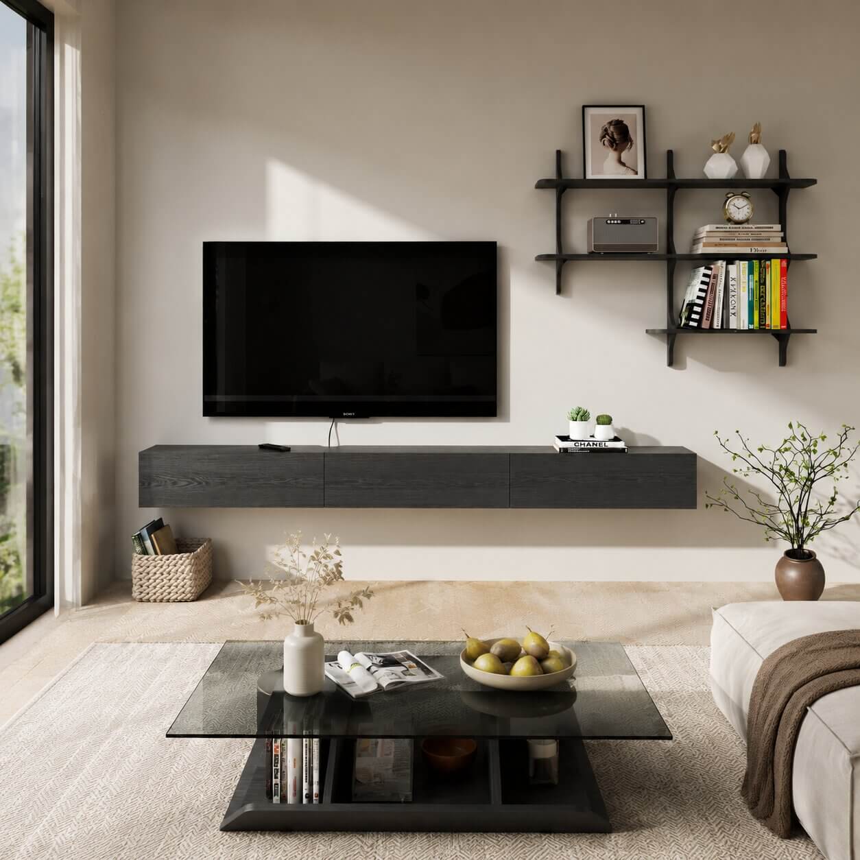 Linea 94.48" Floating TV Console & Shelf Set, Black