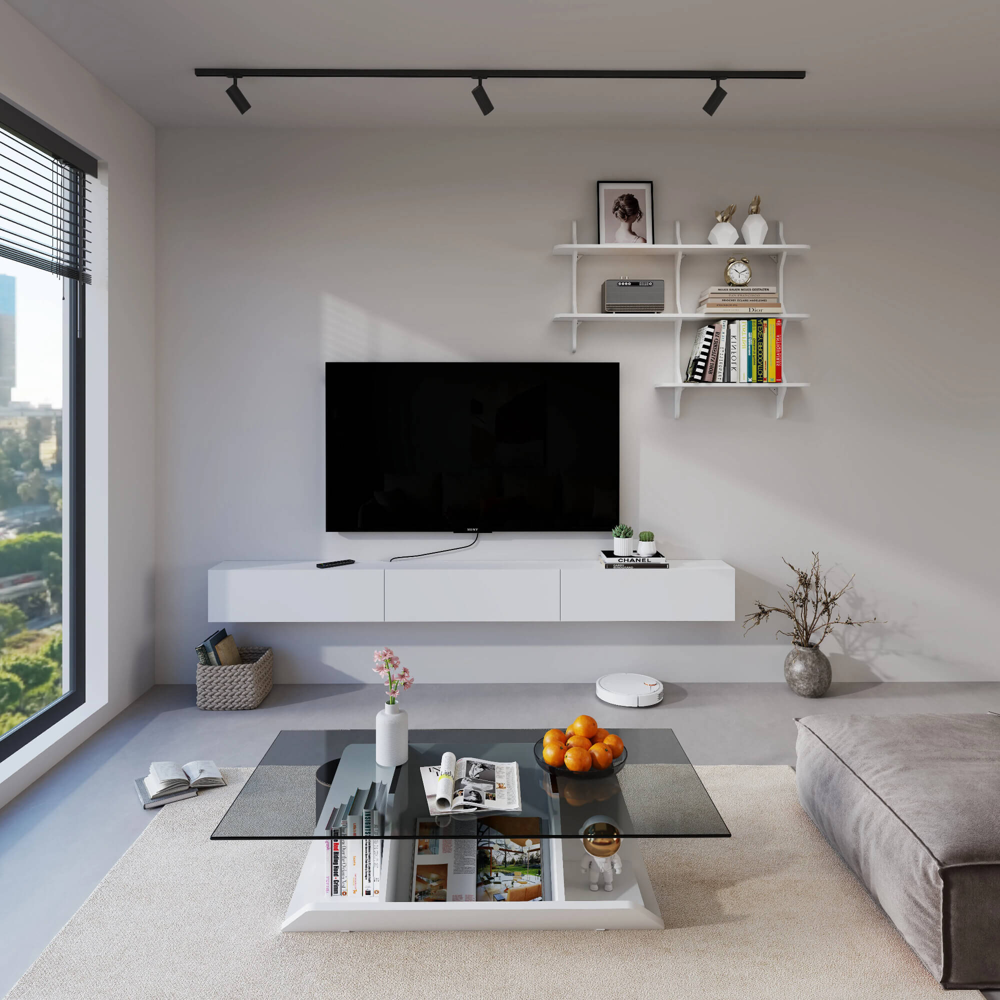 Linea 94.48" Floating TV Console & Shelf Set, White
