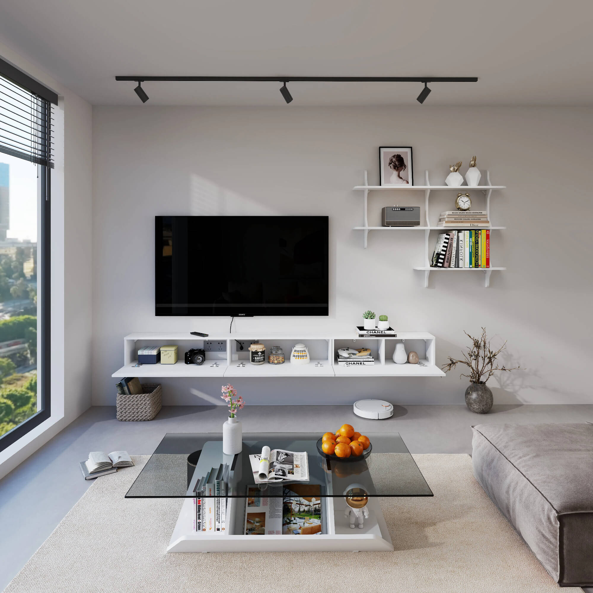 Linea 94.48" Floating TV Console & Shelf Set, White