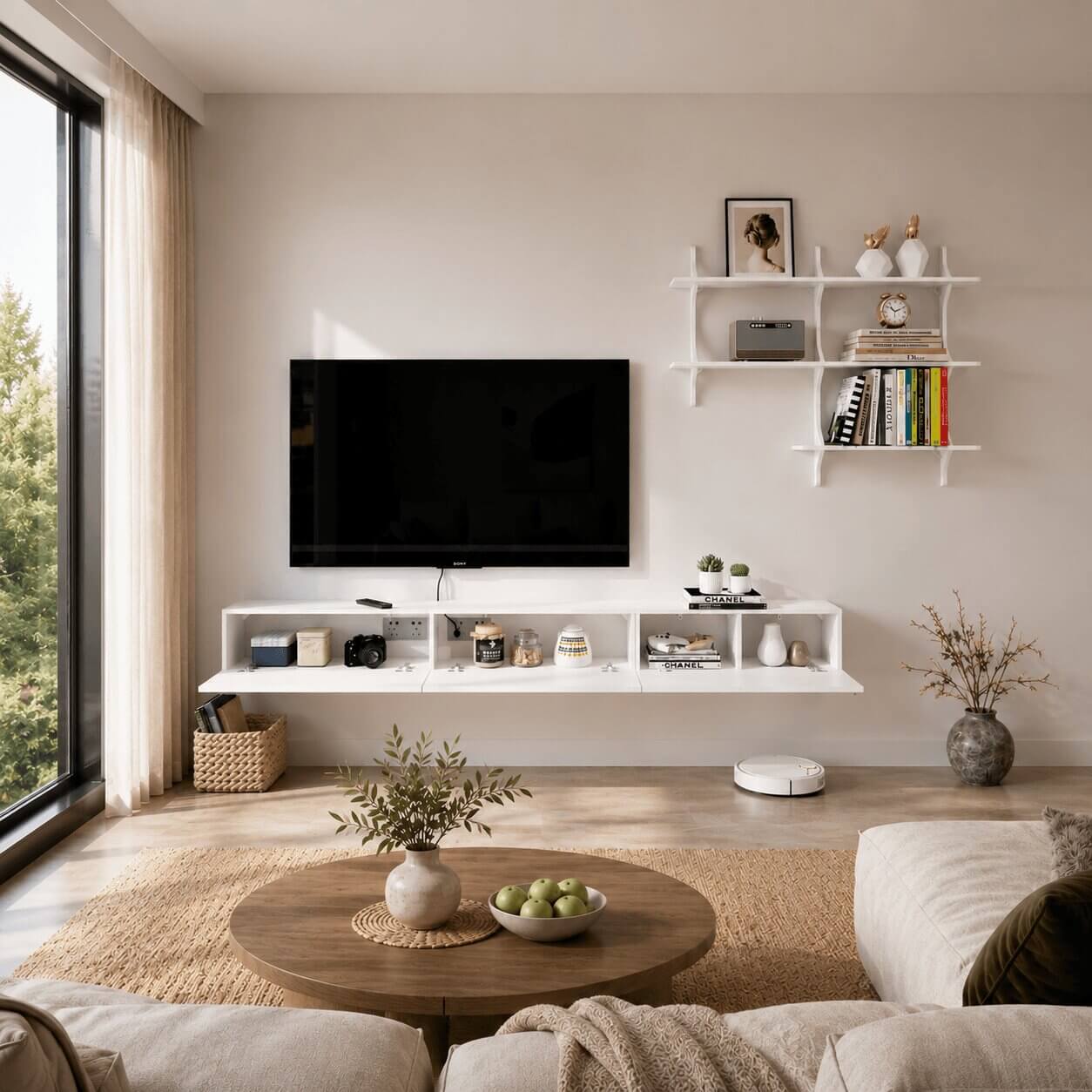 Linea 94.48" Floating TV Console & Shelf Set, White